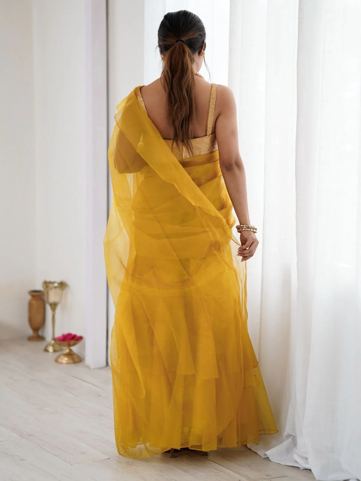 Odette Mustard Organza Designer Stitched Saree For Women - Image 5