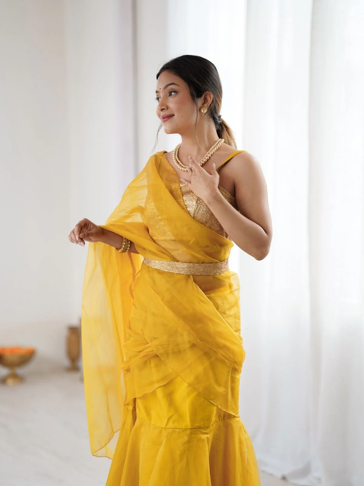 Odette Mustard Organza Designer Stitched Saree For Women - Image 6