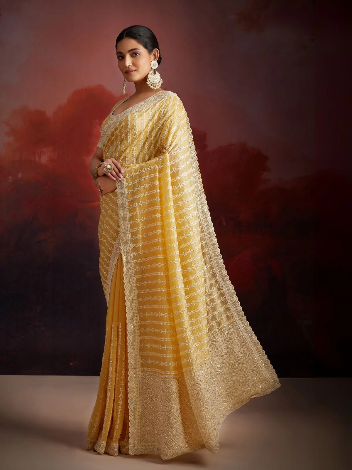 Odette Mustard Organza Embellished Saree For Women - Image 2