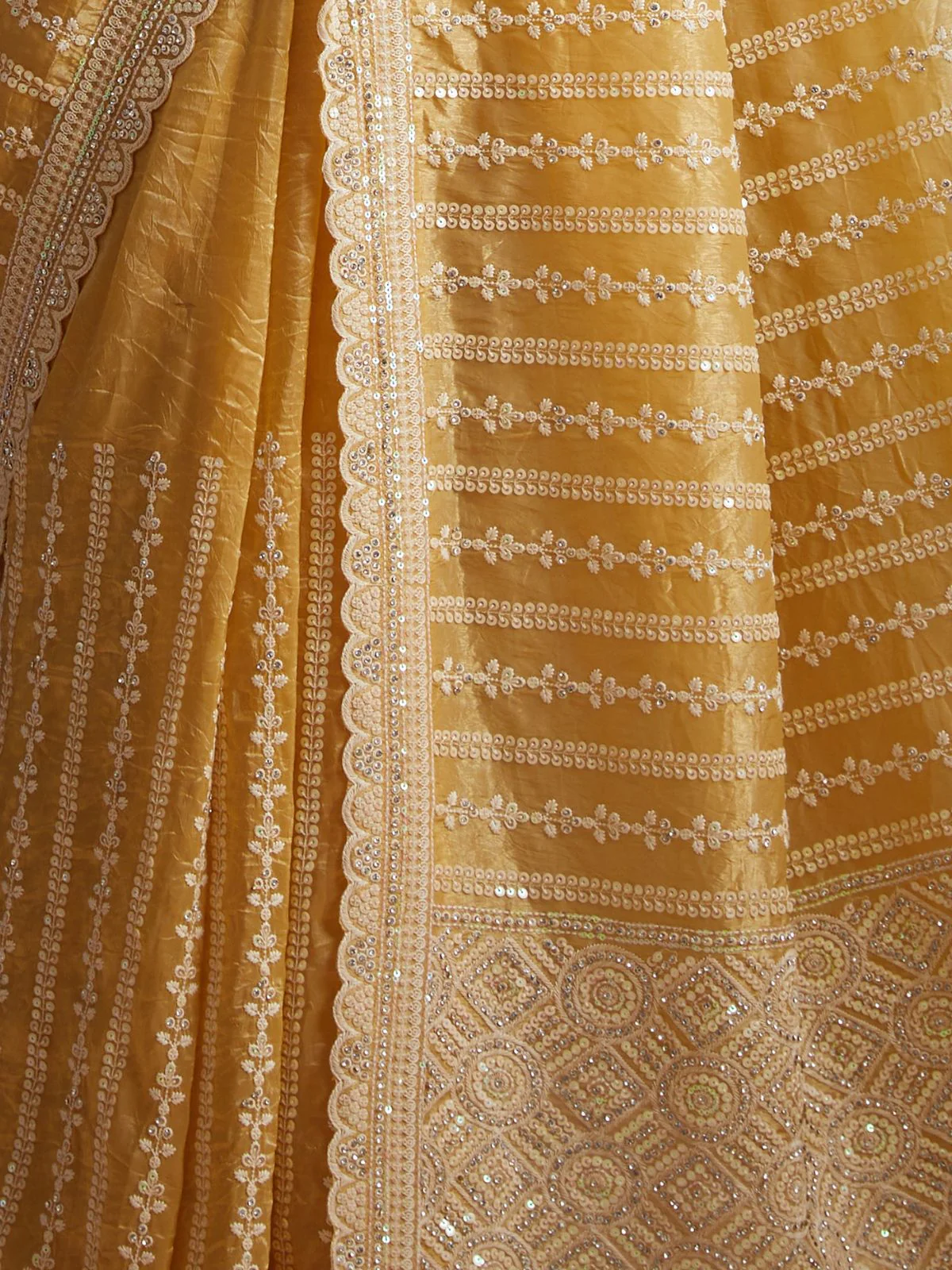 Odette Mustard Organza Embellished Saree For Women - Image 5