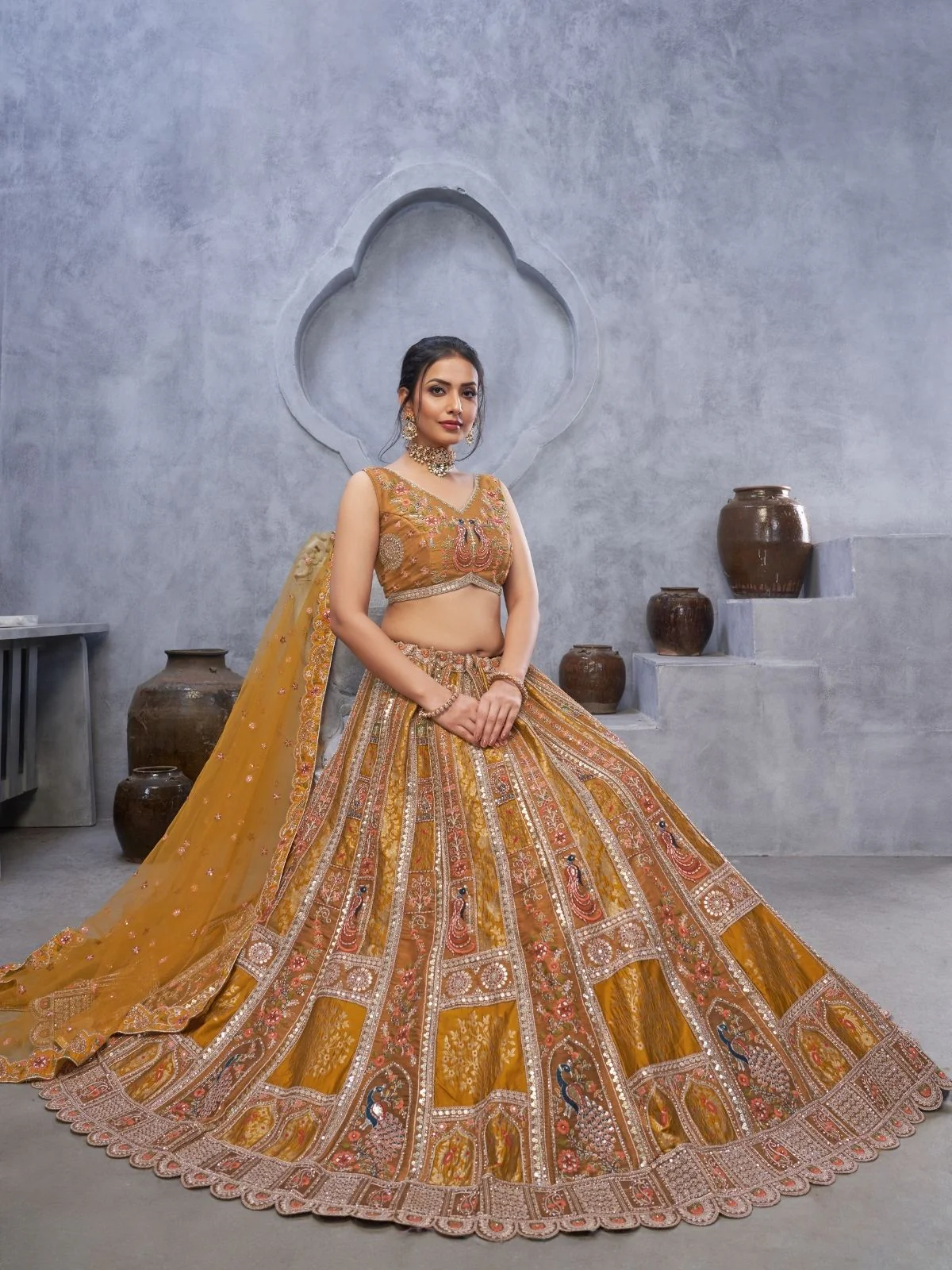 Odette Mustard Organza Embellished Semi-Stitched Lehenga With Unstitched Blouse For Women - Image 3