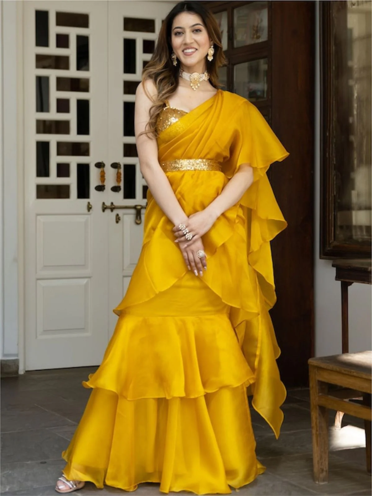 Odette Mustard Organza Solid Saree with Stitched Blouse for Women - Image 2