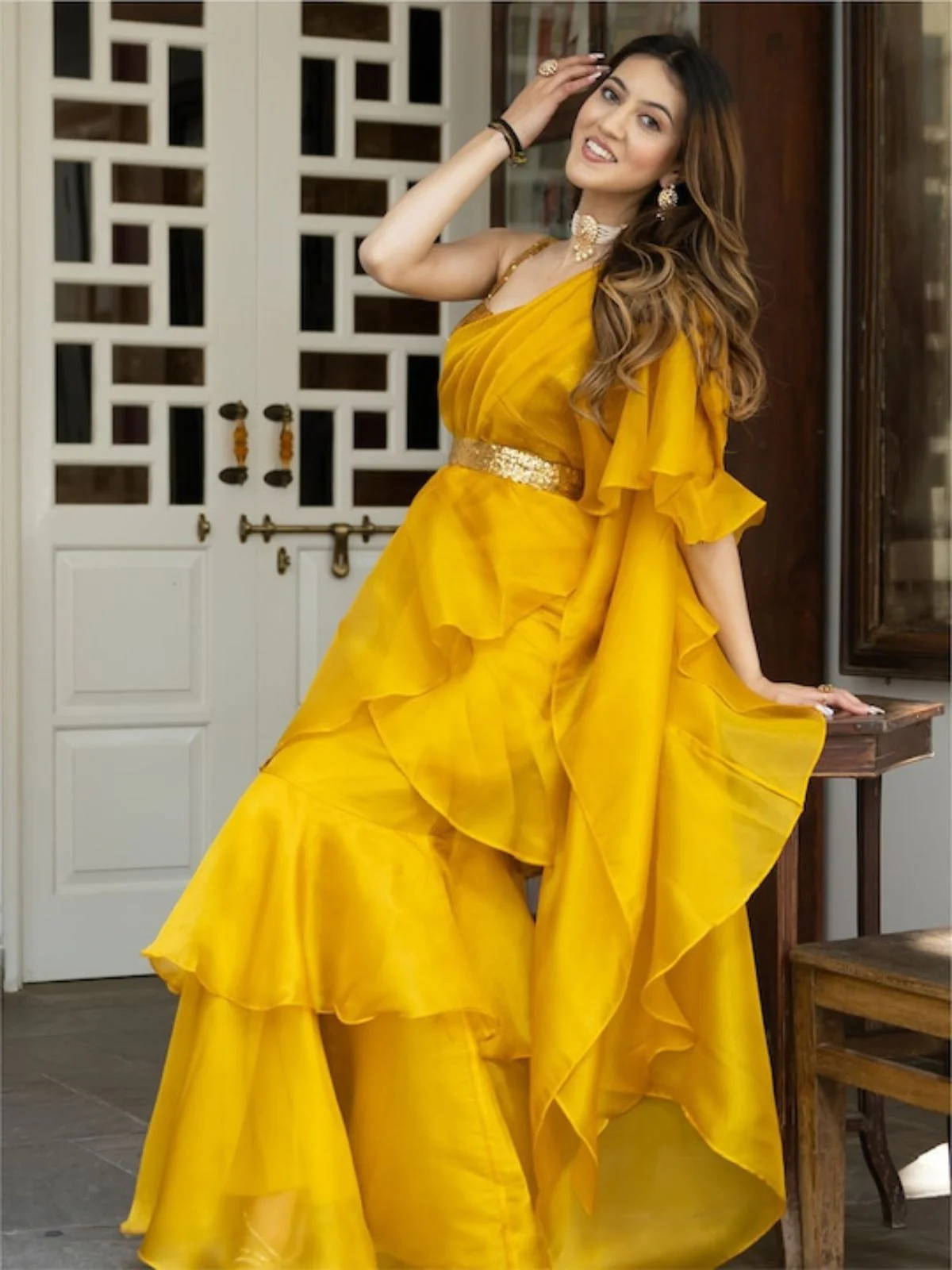 Odette Mustard Organza Solid Saree with Stitched Blouse for Women - Image 5