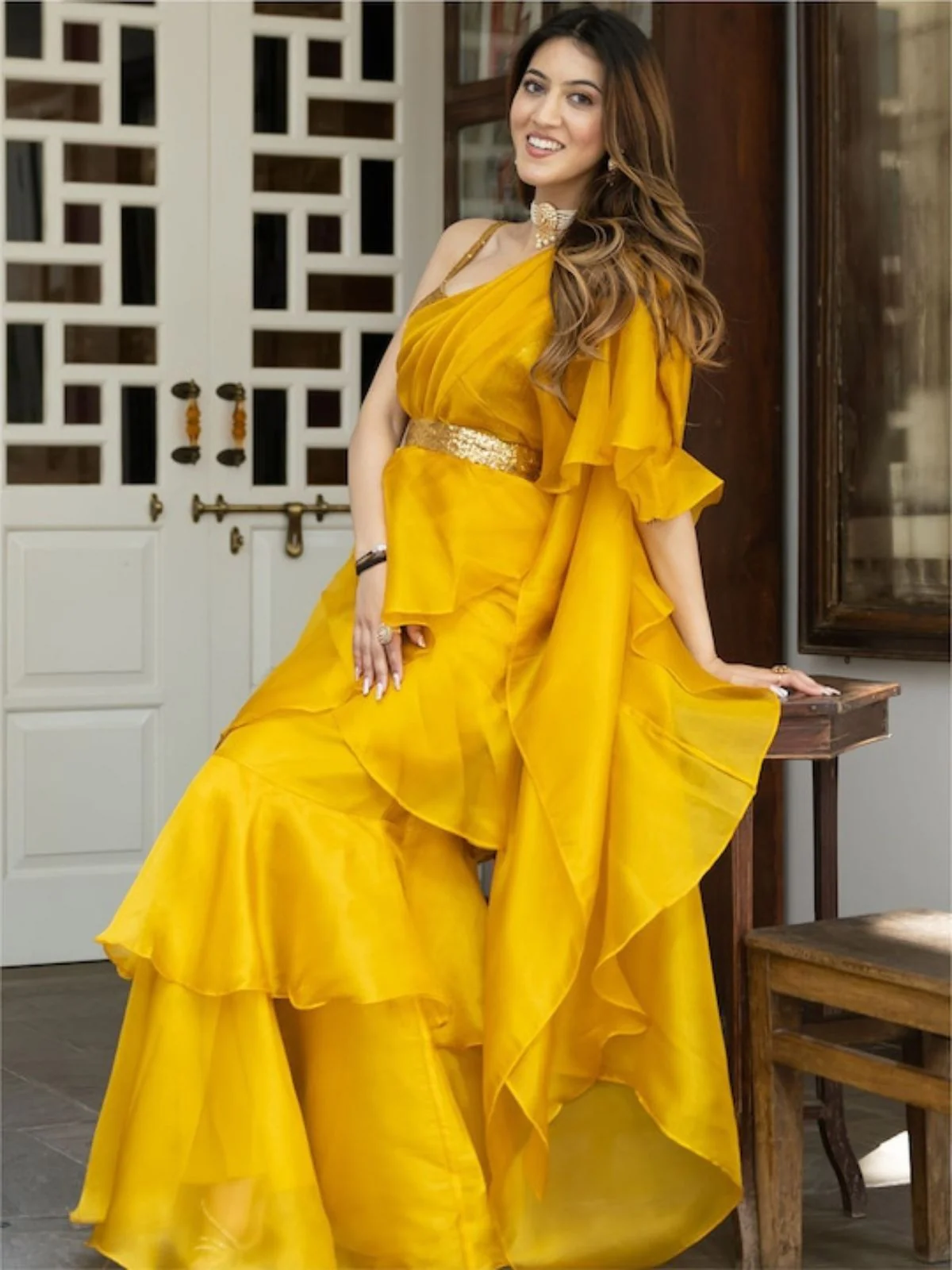 Odette Mustard Organza Solid Saree with Stitched Blouse for Women - Image 6