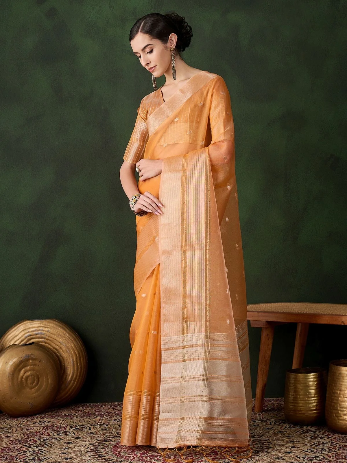 Odette Mustard Organza Woven Saree With Unstitched Blouse For Women - Image 2