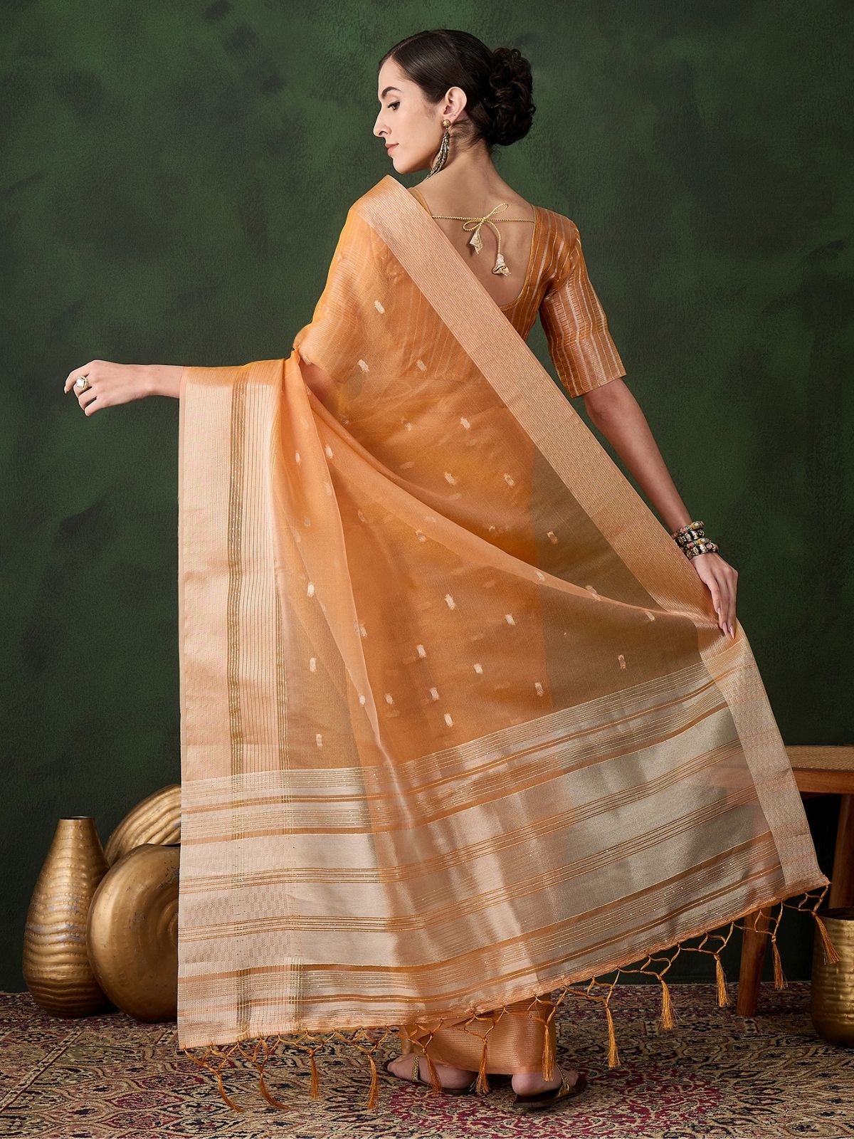 Odette Mustard Organza Woven Saree With Unstitched Blouse For Women - Image 4
