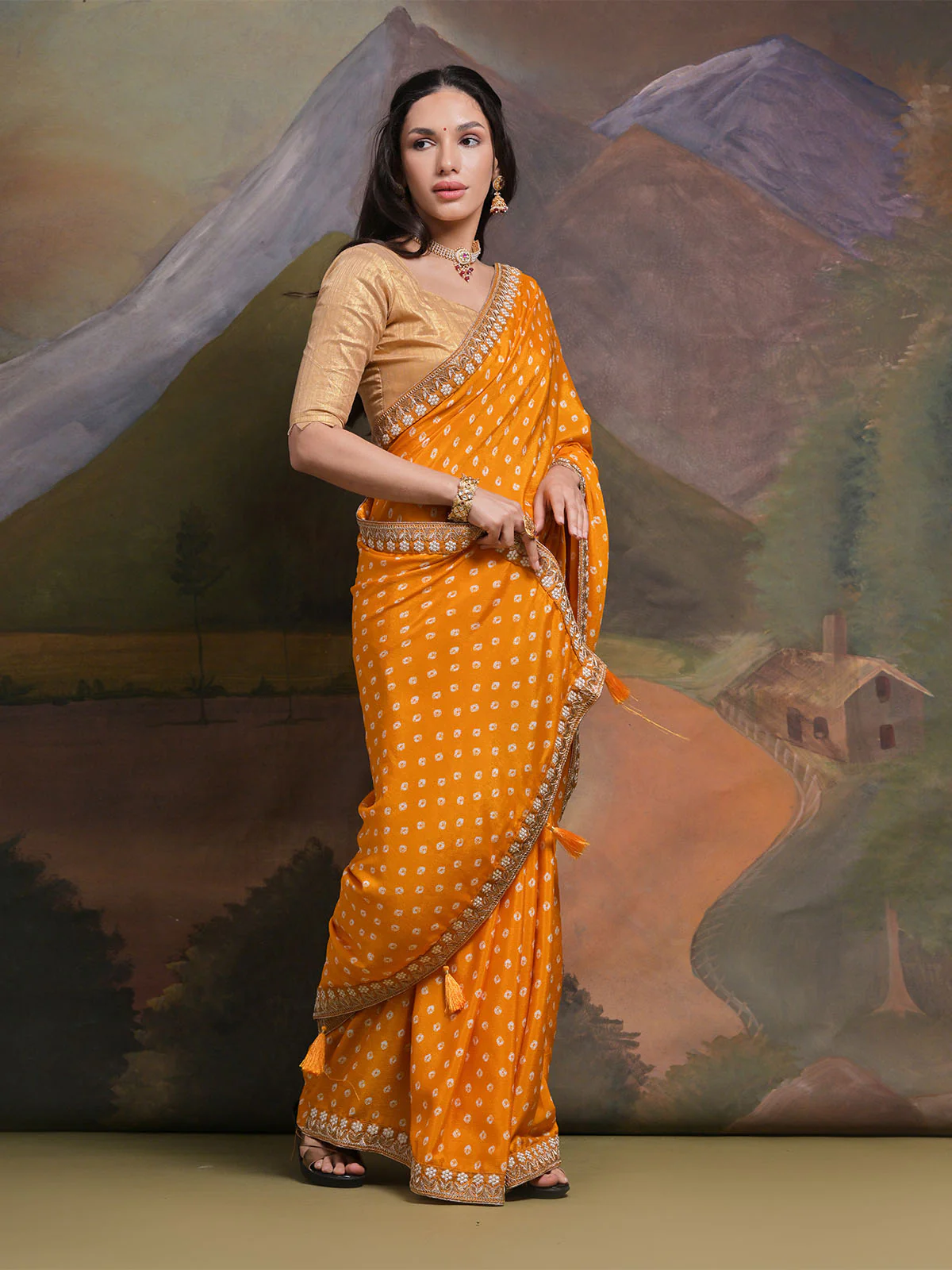 Odette Mustard Printed Chiffon Saree With Unstitched Blouse For Women - Image 3