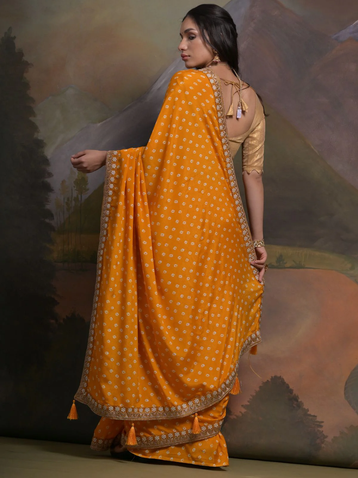 Odette Mustard Printed Chiffon Saree With Unstitched Blouse For Women - Image 5