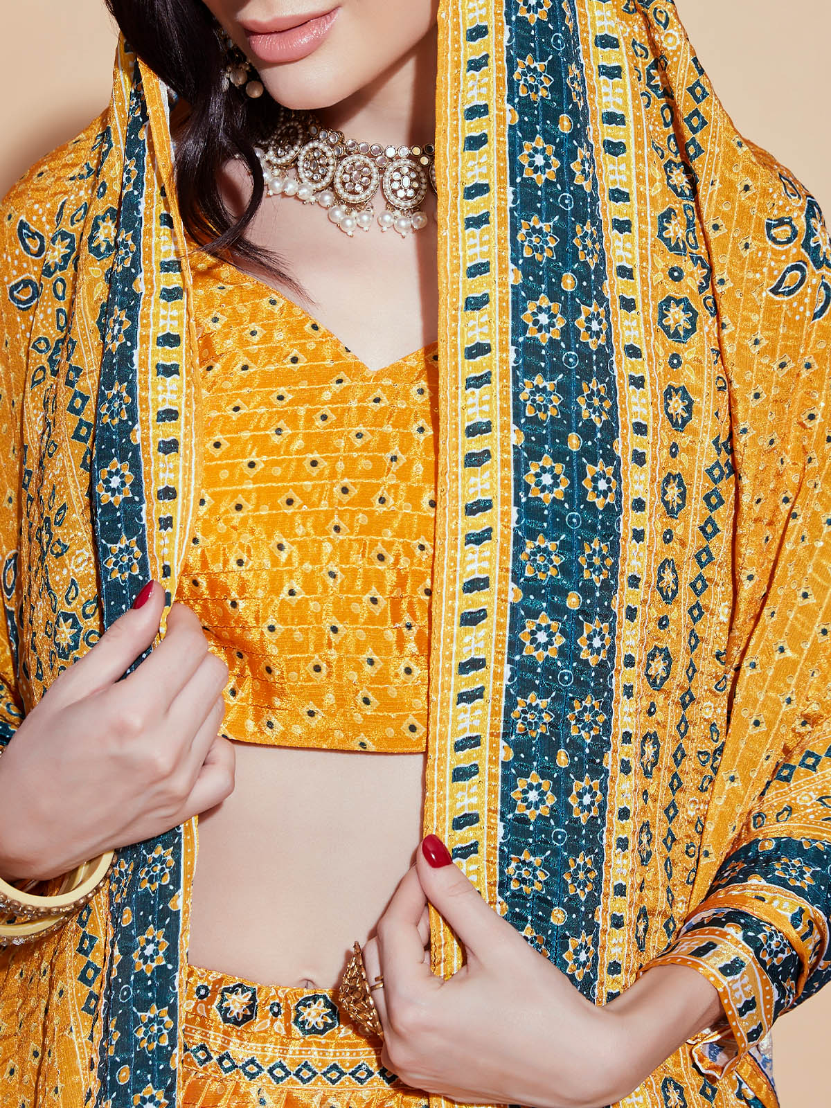 Odette Mustard Printed Embroidered Chinon Semi Stitched Lehenga With Unstitched Blouse For Women - Image 5