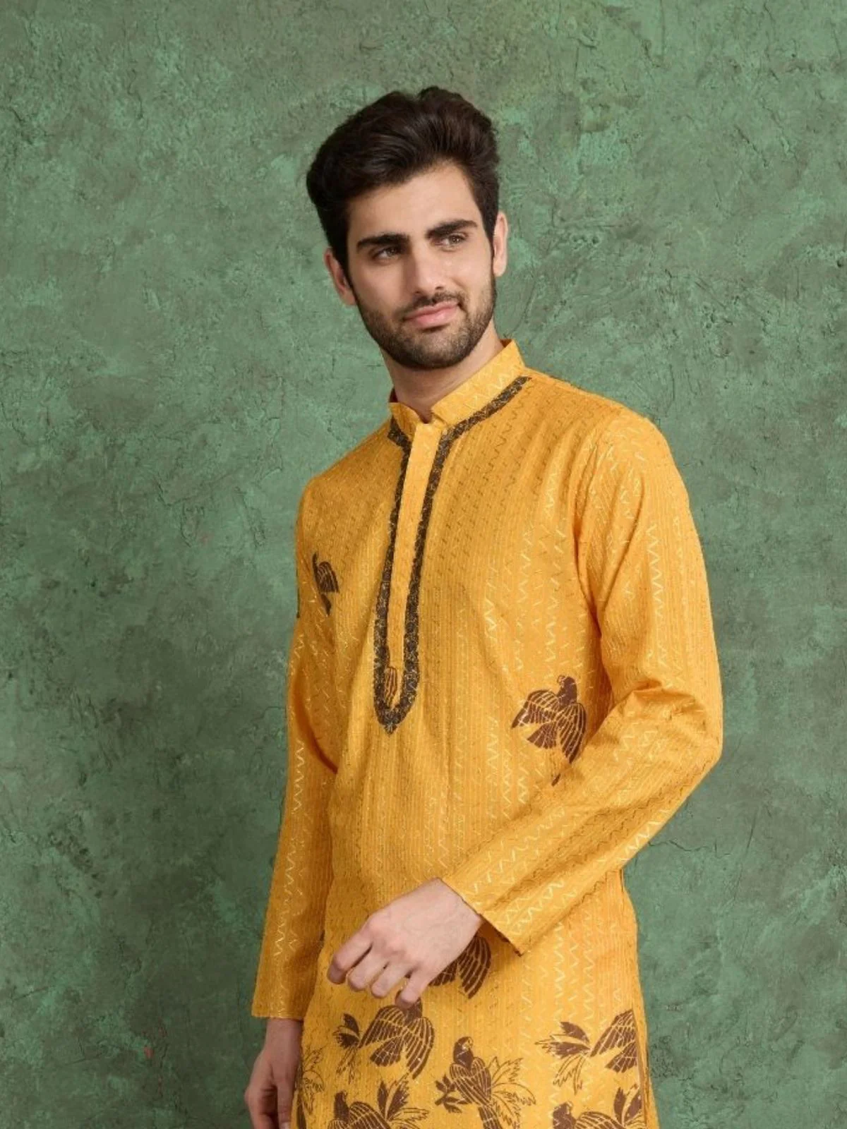 Odette Mustard Rayon Printed and Embroidered Stitched Kurta For Men - Image 6