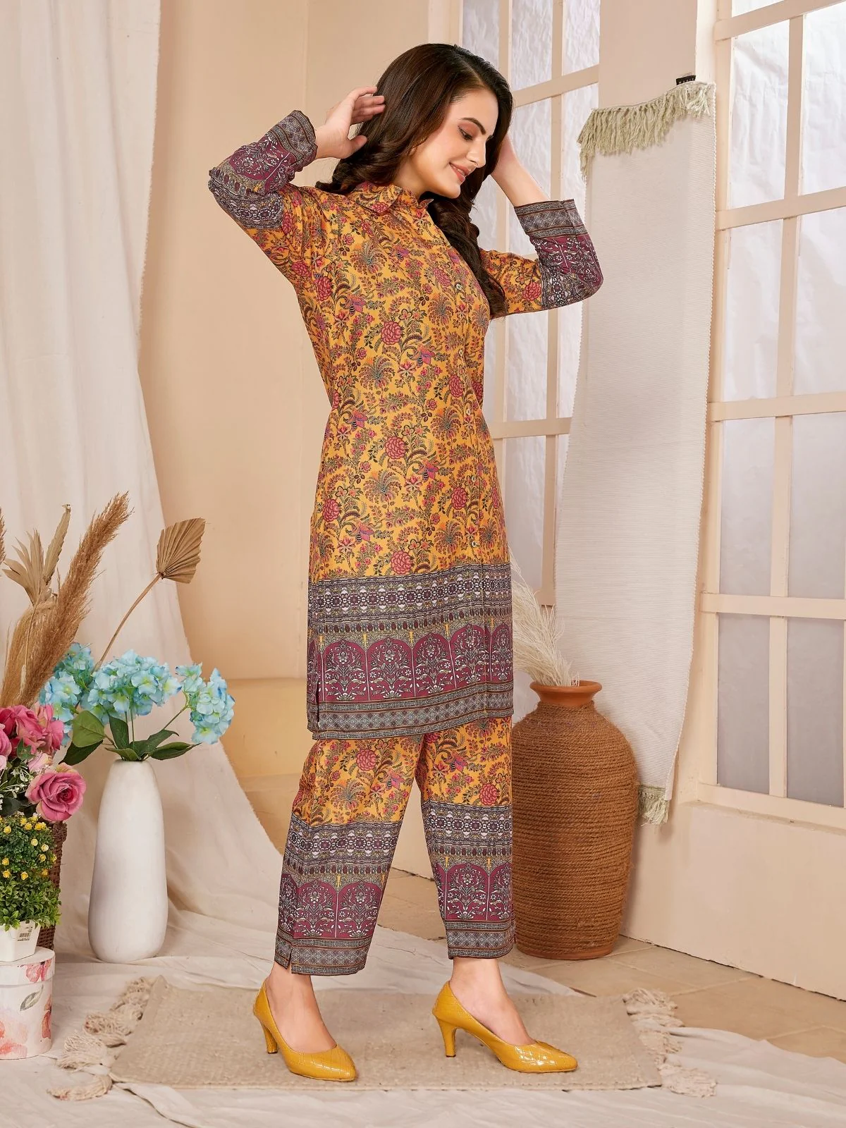 Odette Mustard Rayon Printed Semi-Stitched Co-Ord Set For Women - Image 2