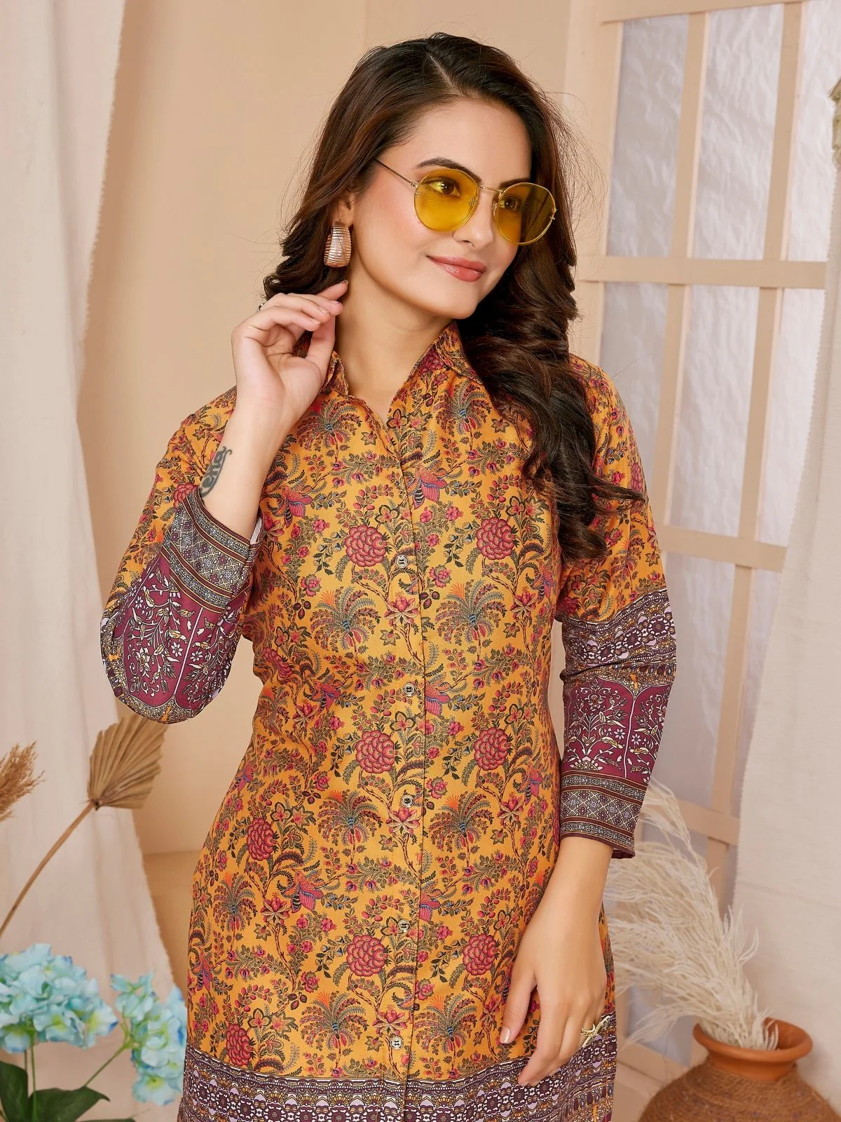 Odette Mustard Rayon Printed Semi-Stitched Co-Ord Set For Women - Image 3