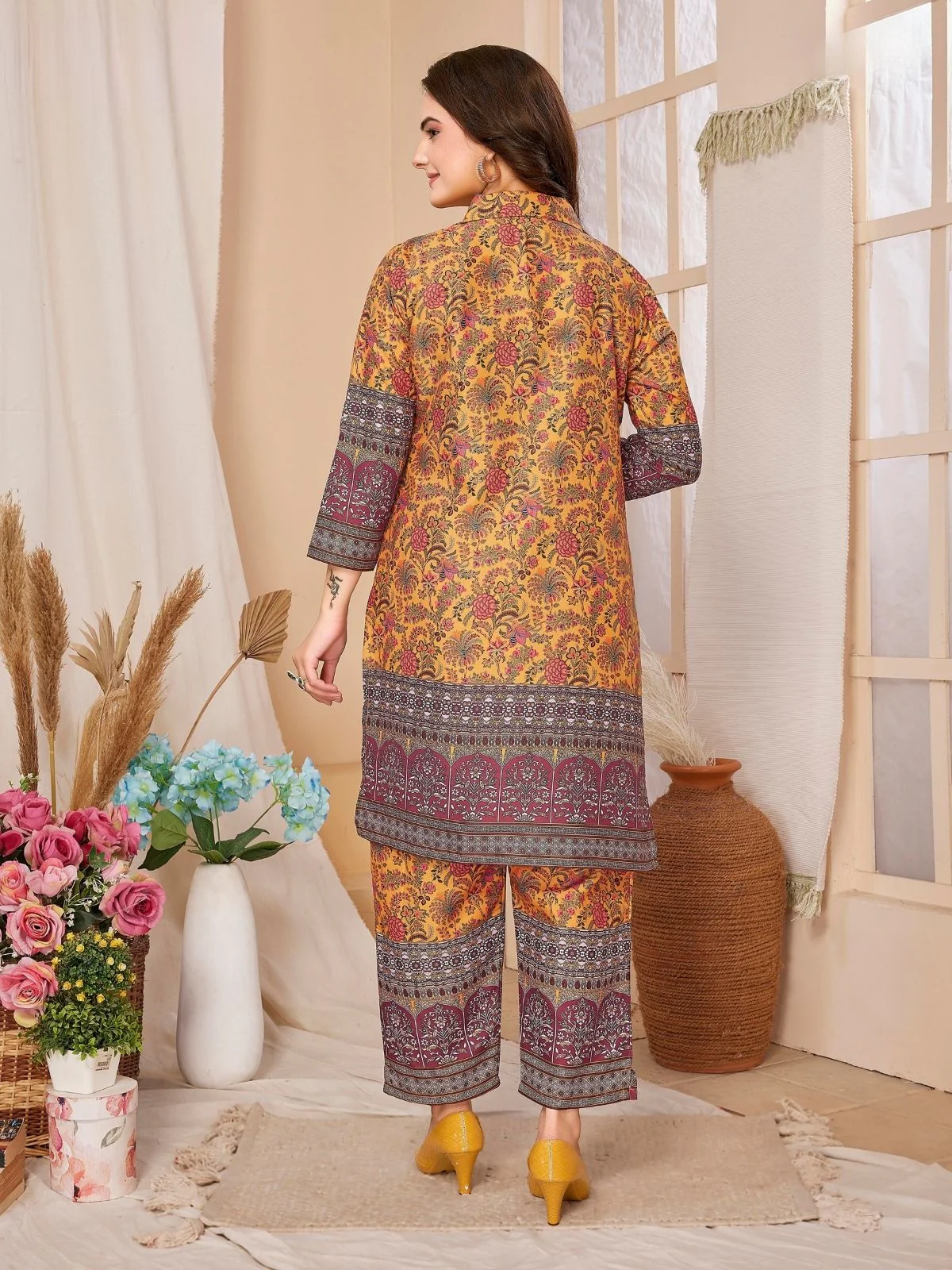 Odette Mustard Rayon Printed Semi-Stitched Co-Ord Set For Women - Image 4