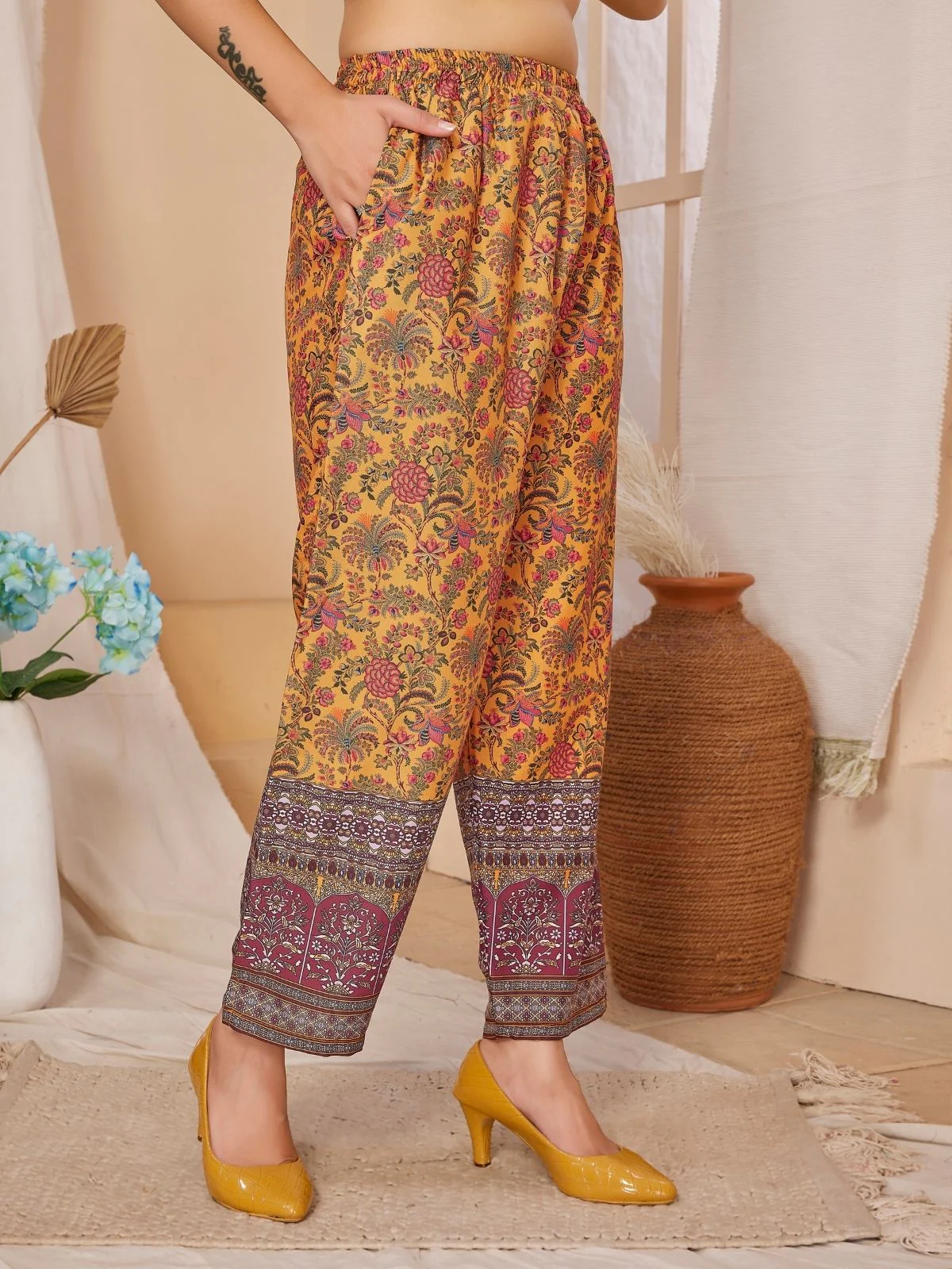 Odette Mustard Rayon Printed Semi-Stitched Co-Ord Set For Women - Image 5