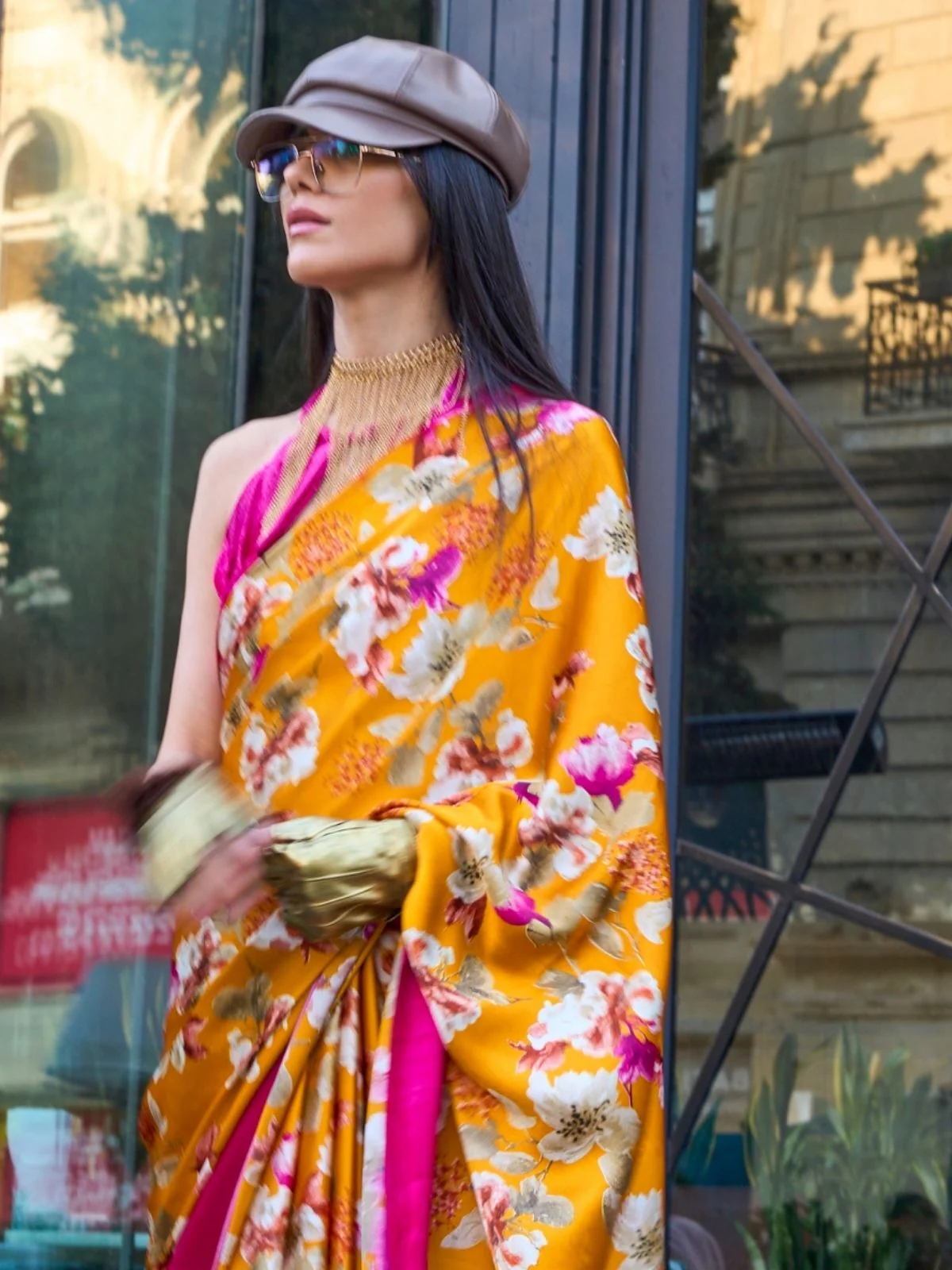 Odette Mustard Satin Printed Saree With Unstitched Blouse For Women - Image 2