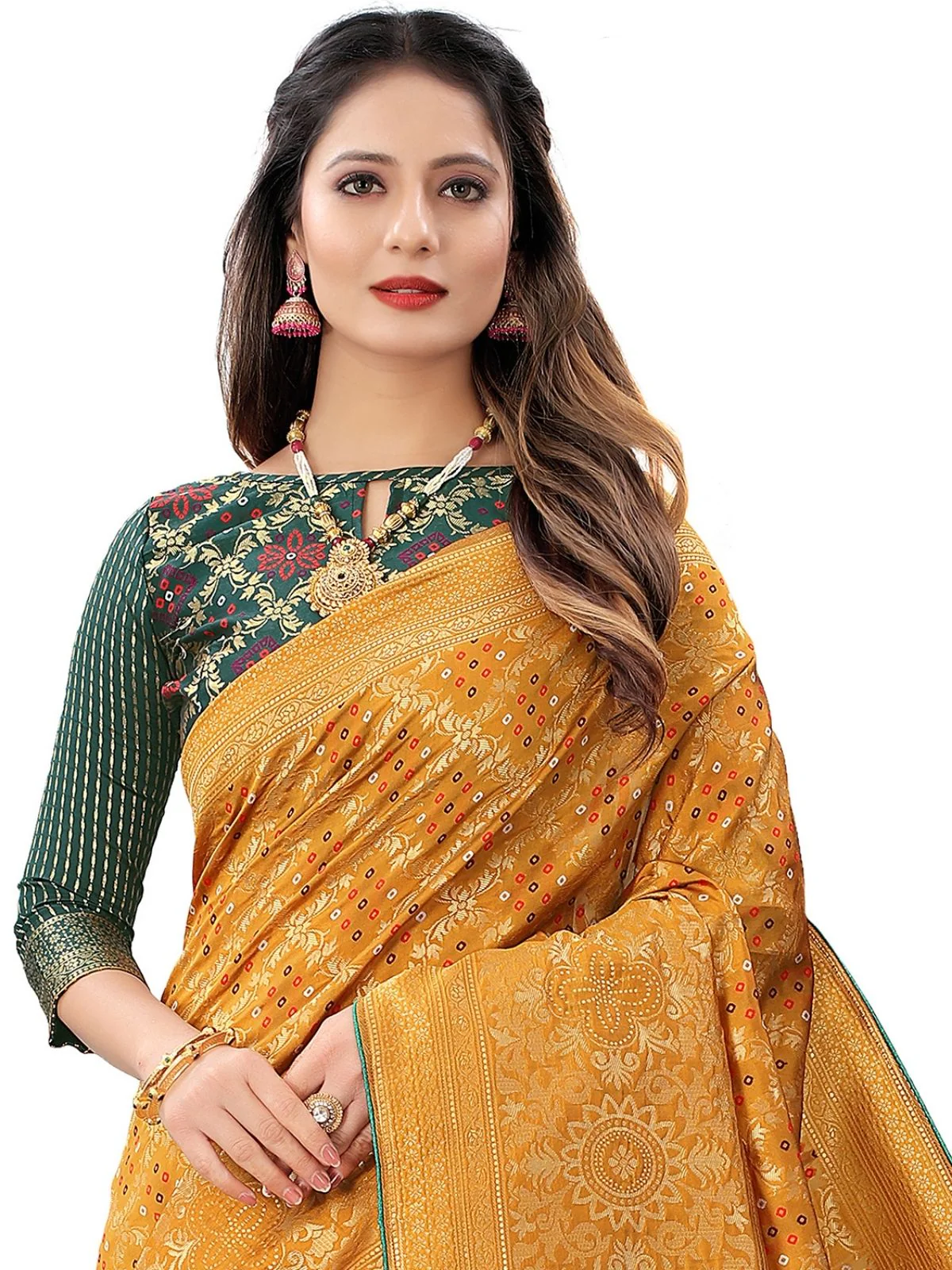 Odette Mustard Silk Blend Embellished Saree For Women - Image 3