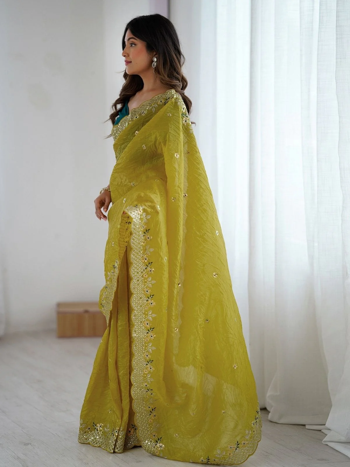 Odette Mustard Silk Blend Embroidered Solid Saree For Women - Image 4