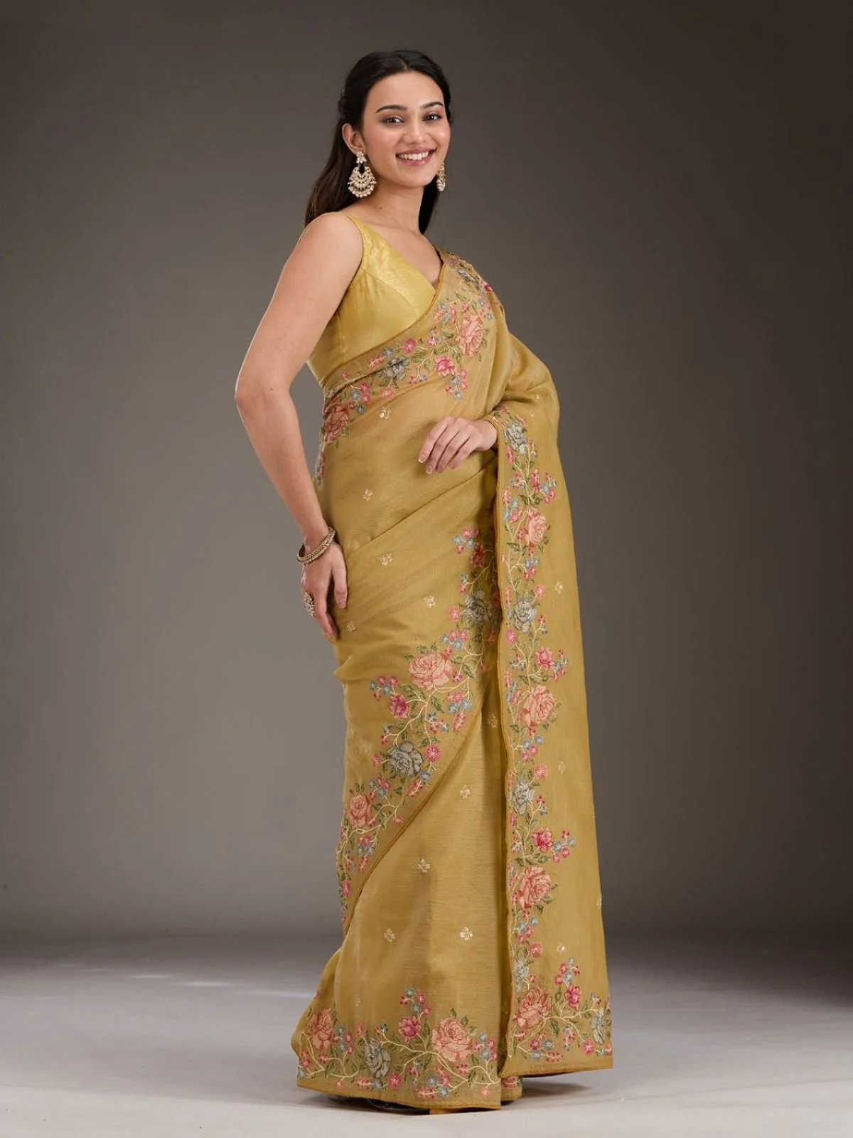 Odette Mustard Silk Blend Embroidered Solid Saree For Women - Image 3