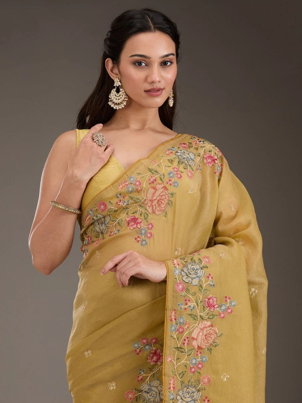 Odette Mustard Silk Blend Embroidered Solid Saree For Women - Image 4