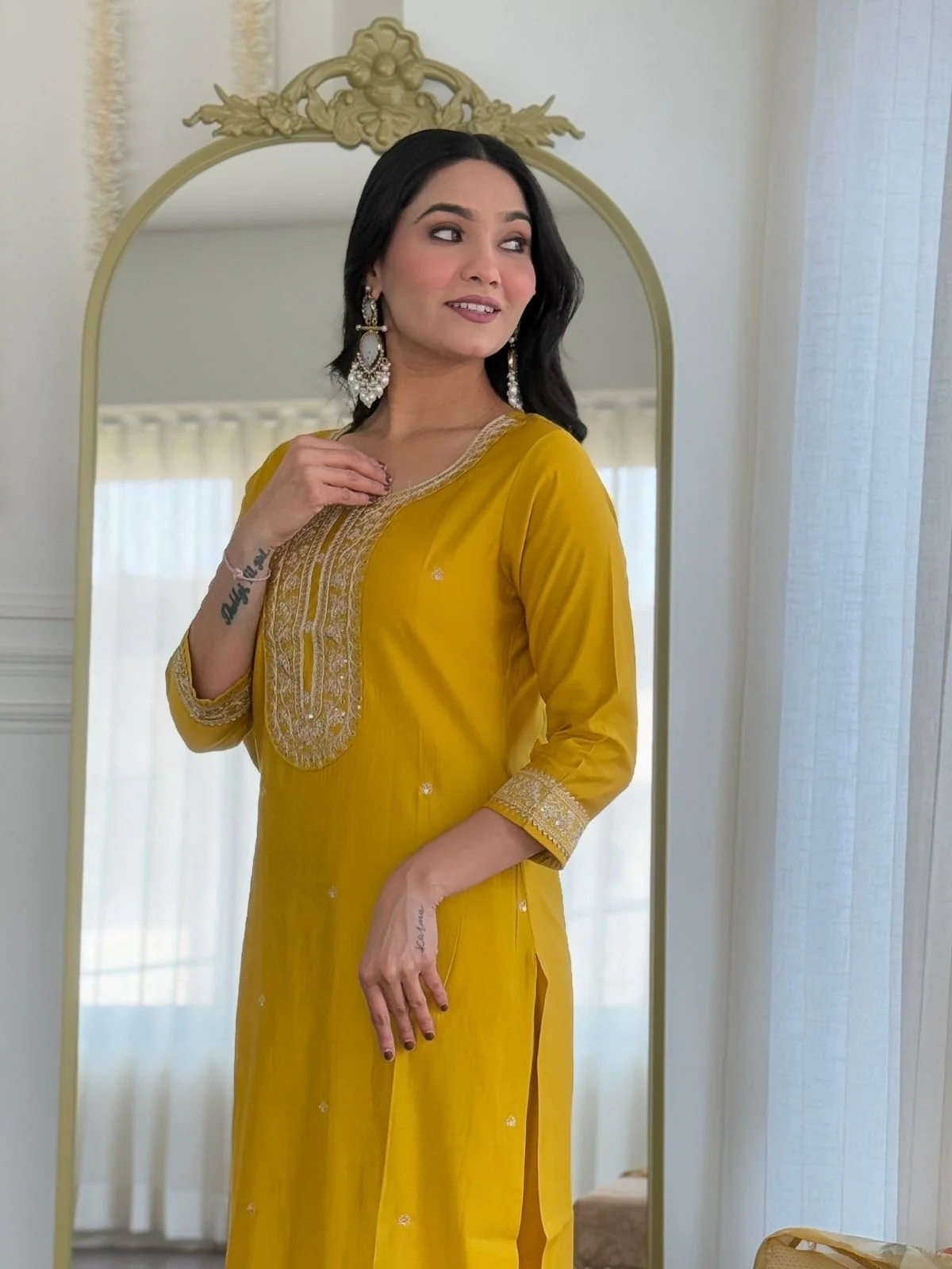 Odette Mustard Silk Blend Embroidered Stitched Kurta Set For Women - Image 3