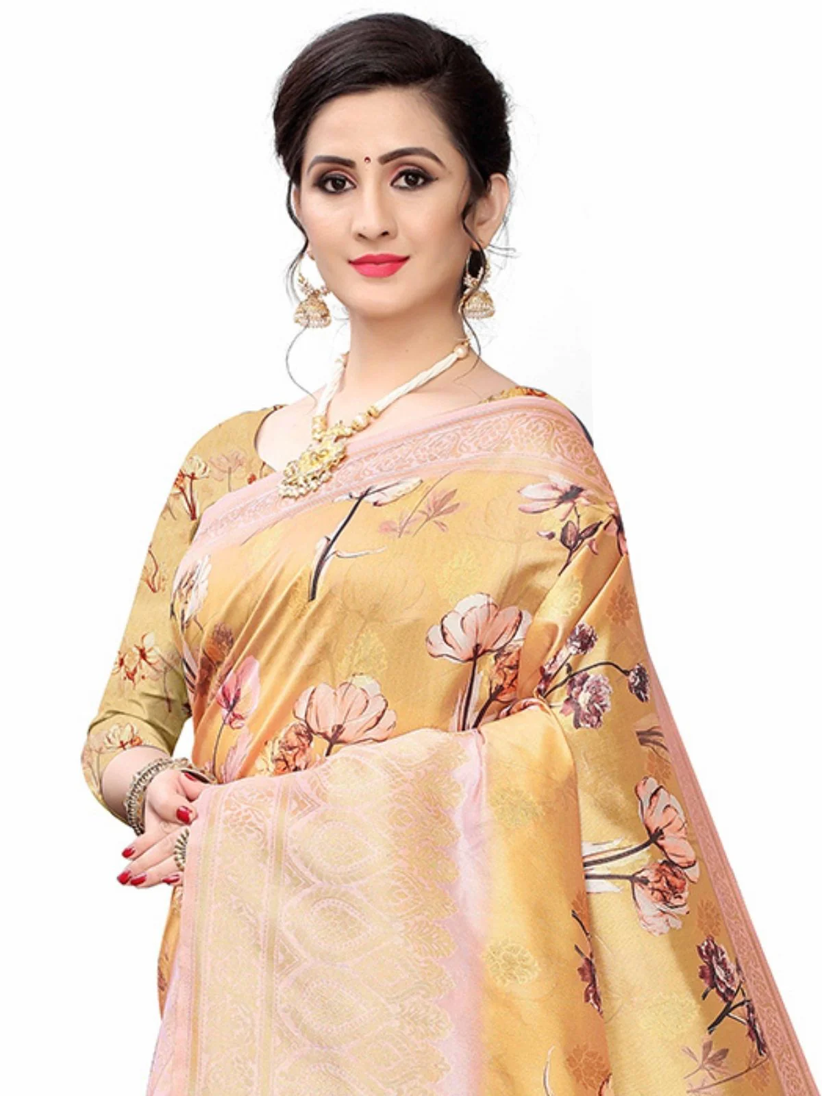 Odette Mustard Silk Blend Floral Printed Saree For Women - Image 4