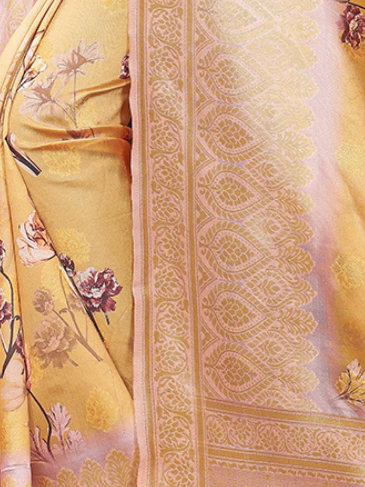 Odette Mustard Silk Blend Floral Printed Saree For Women - Image 5