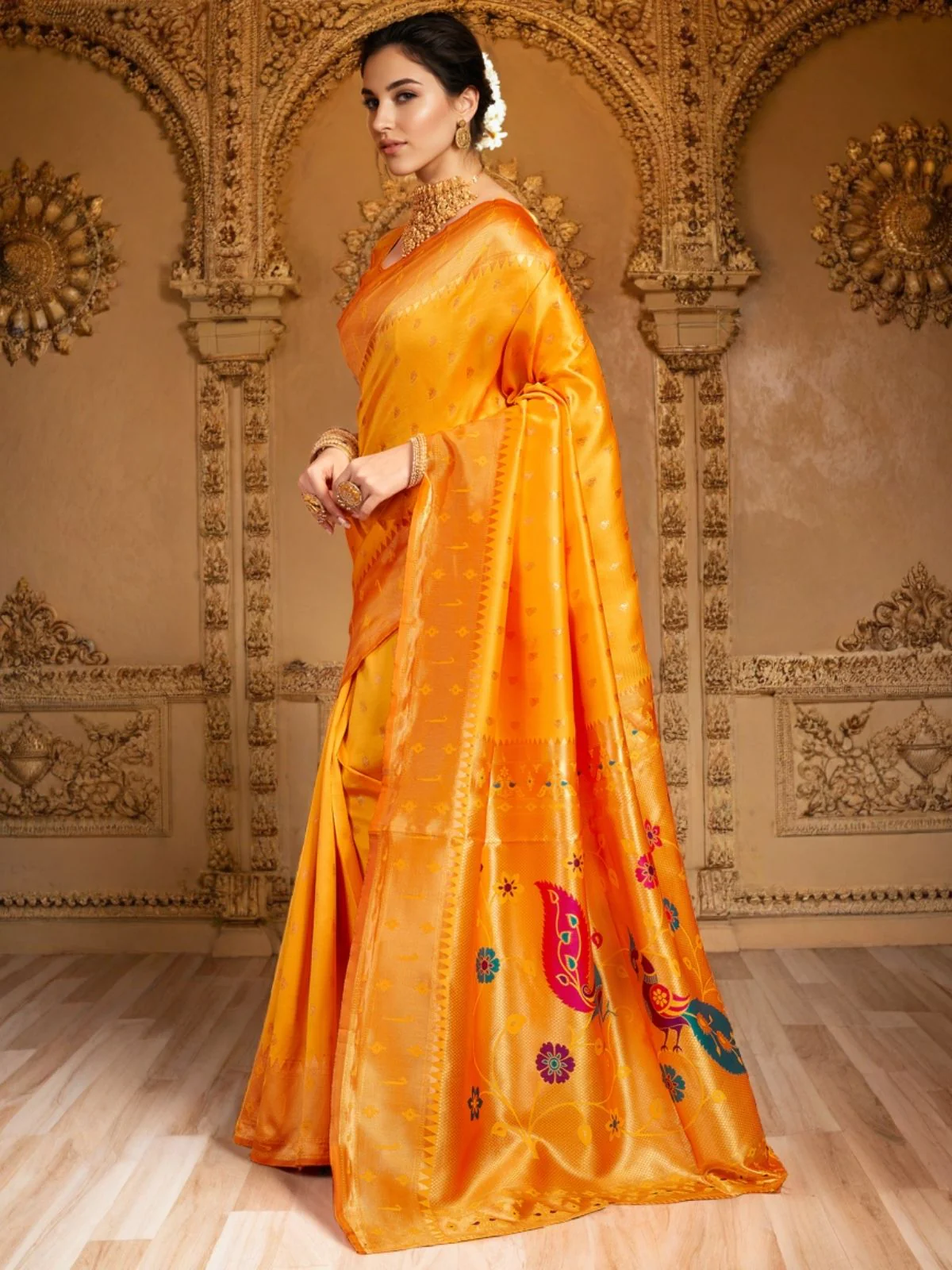 Odette Mustard Silk Blend Woven Pithani Saree For Women - Image 2