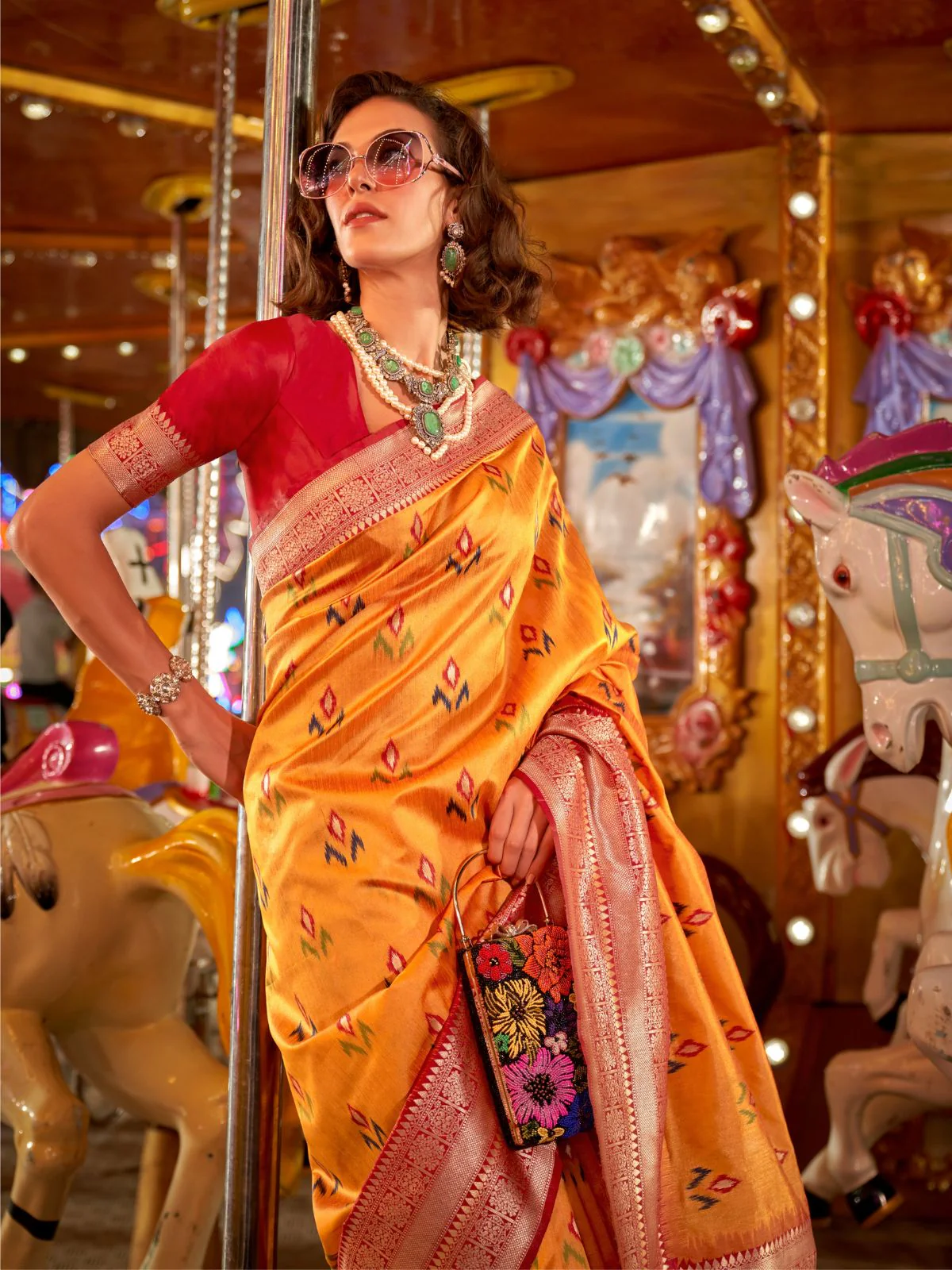 Odette Mustard Silk Blend Woven Saree With Unstitched Blouse For Women - Image 2
