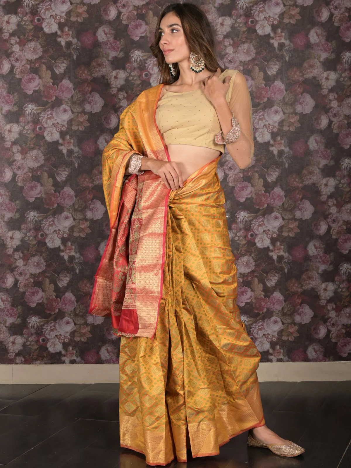 Odette Mustard Silk Blend Woven Saree with Unstitched Blouse for Women - Image 2