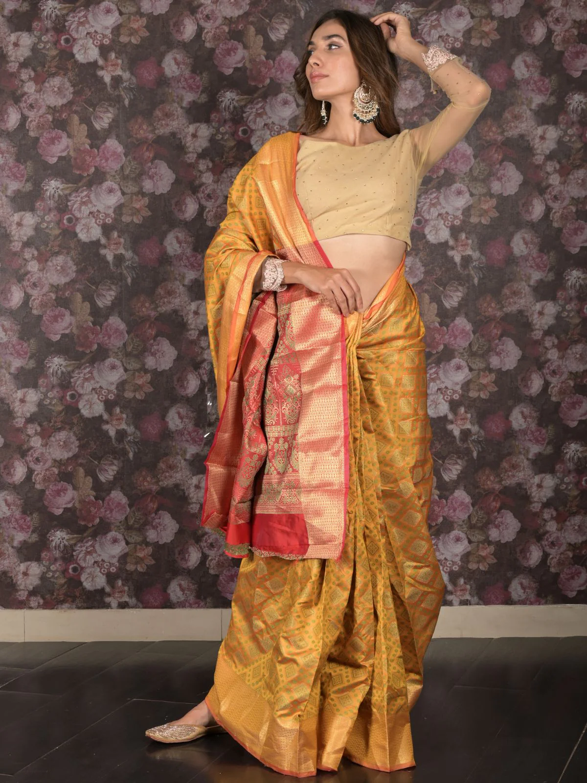 Odette Mustard Silk Blend Woven Saree with Unstitched Blouse for Women - Image 3