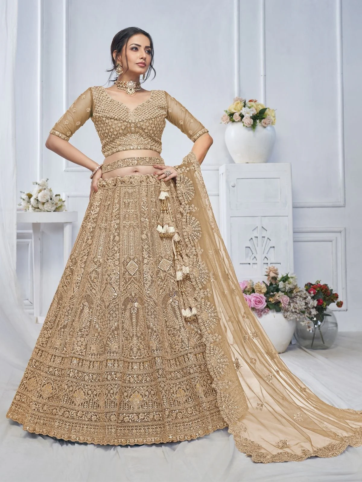 Odette Mustard Soft Net Embroidered Semi-Stitched Lehenga With Unstitched Blouse For Women - Image 2