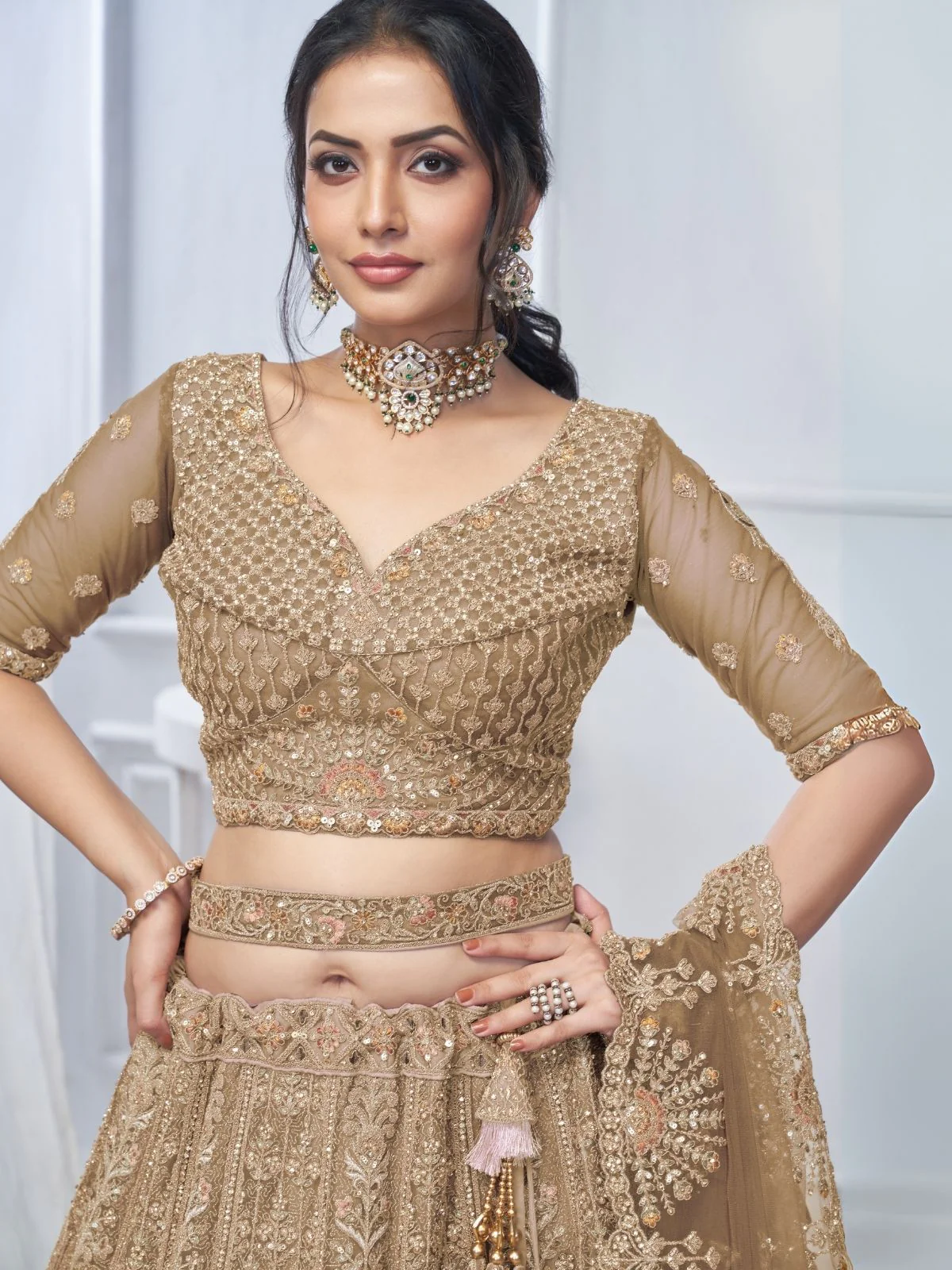 Odette Mustard Soft Net Embroidered Semi-Stitched Lehenga With Unstitched Blouse For Women - Image 4