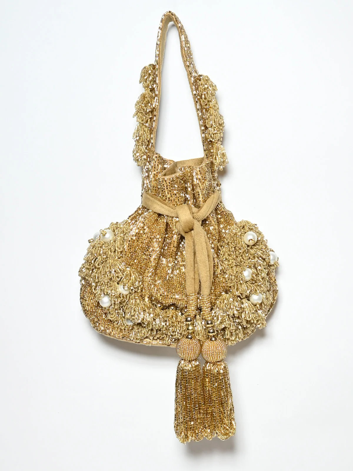 Odette Mustard Suede Cutdana And Pearl Embellished Potli For Women - Image 2