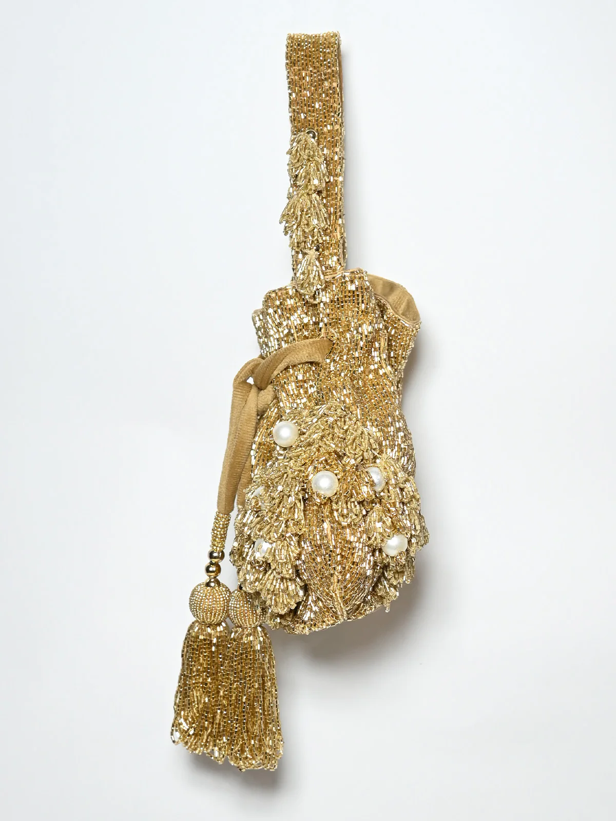 Odette Mustard Suede Cutdana And Pearl Embellished Potli For Women - Image 3