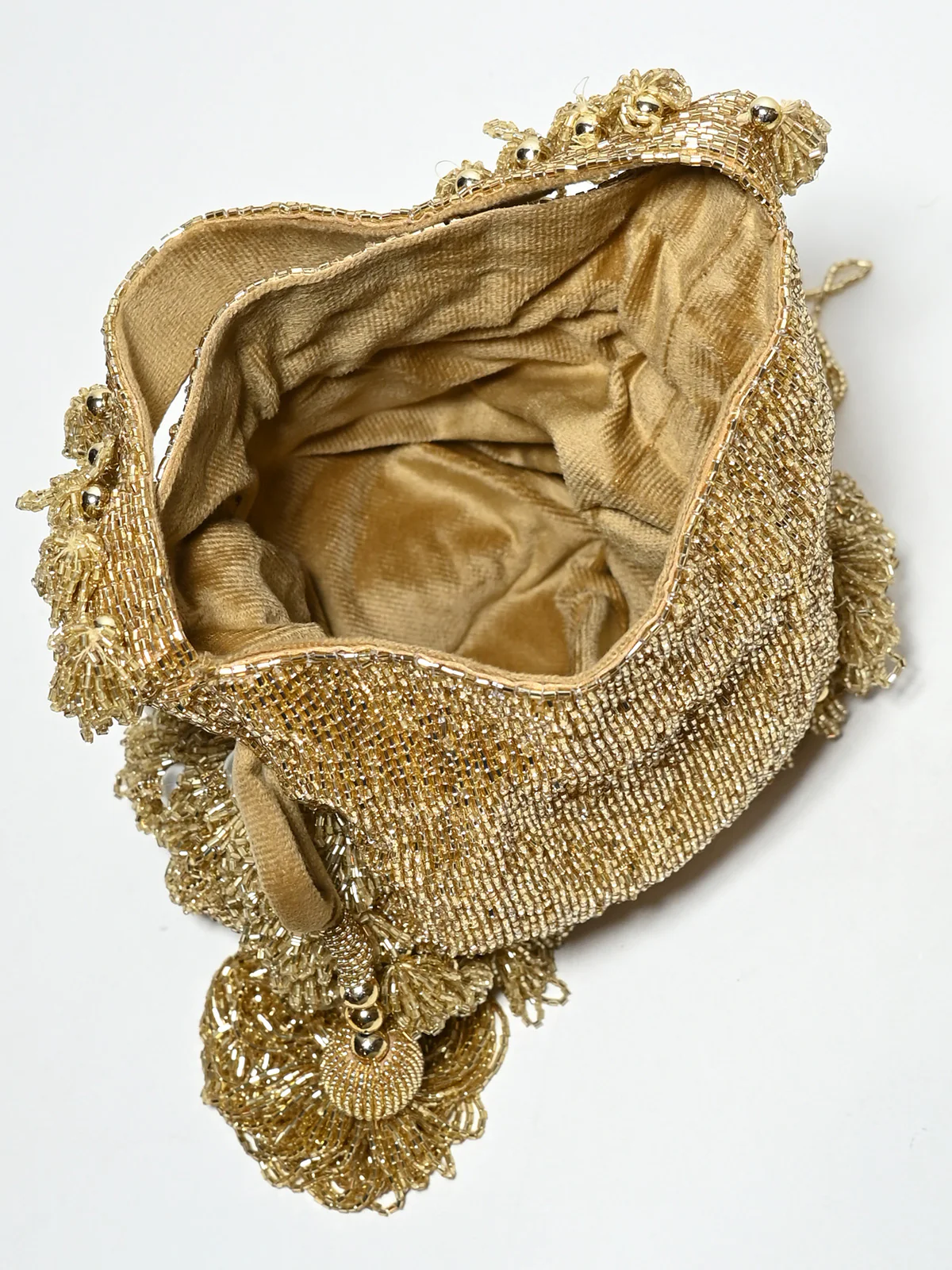 Odette Mustard Suede Cutdana And Pearl Embellished Potli For Women - Image 5