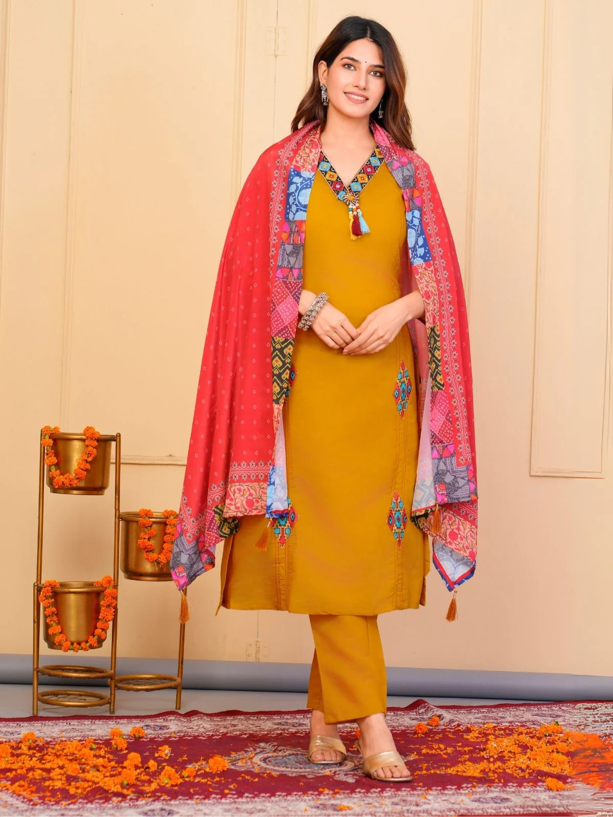 Odette Mustard Viscose Embroidered Stitched Kurta Set For Women - Image 2