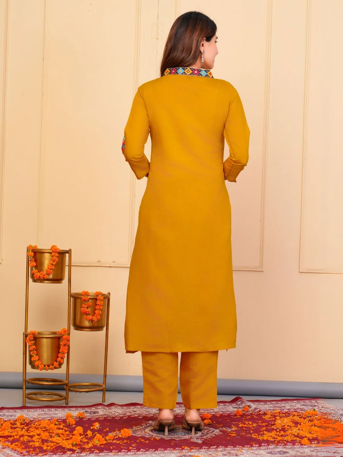 Odette Mustard Viscose Embroidered Stitched Kurta Set For Women - Image 4