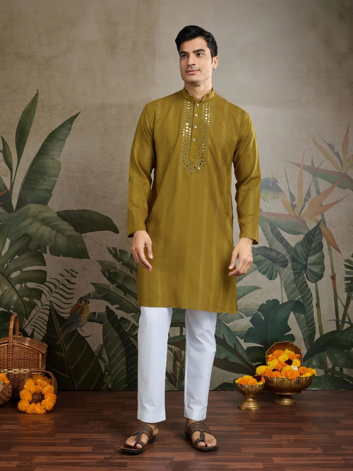Odette Mustard Viscose Rayon Embellished Stitched Kurta For Men - Image 3