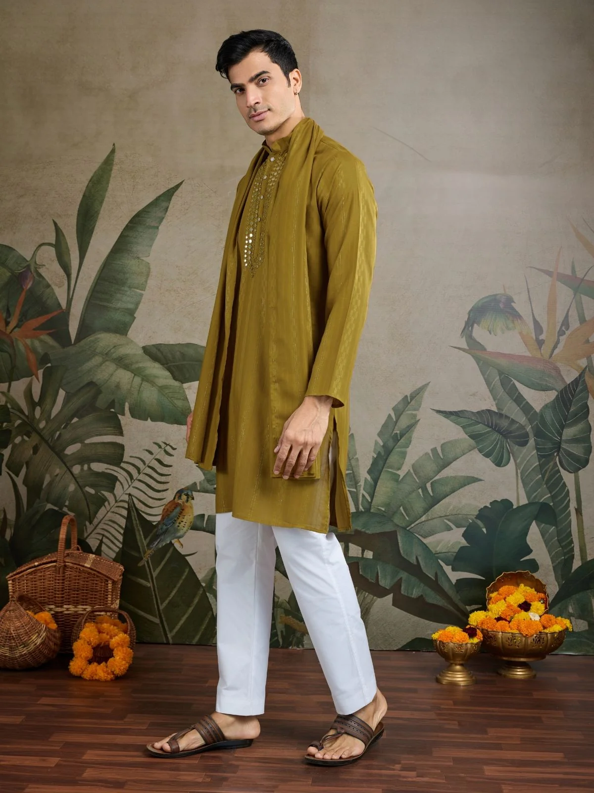 Odette Mustard Viscose Rayon Embellished Stitched Kurta For Men - Image 4