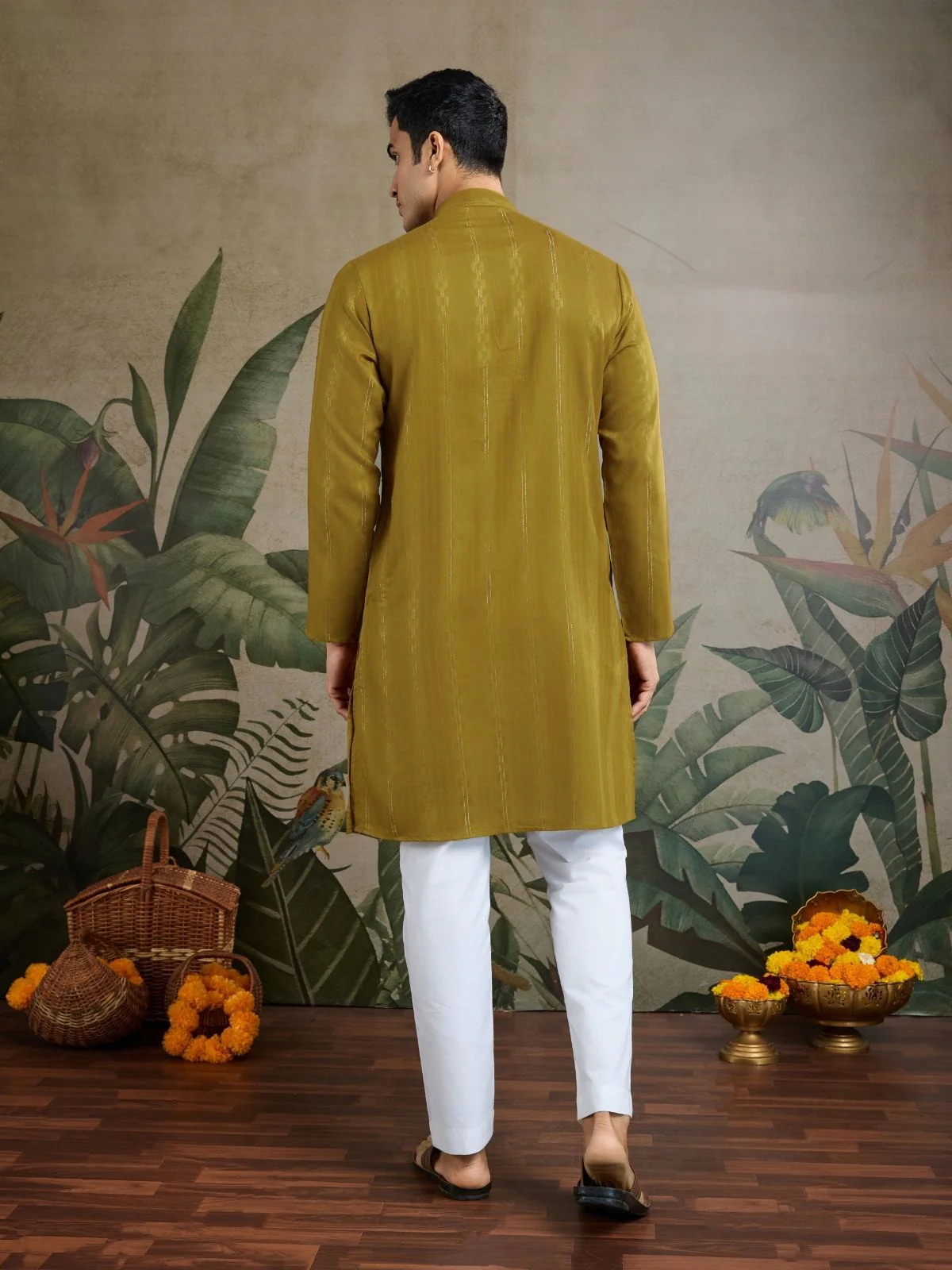 Odette Mustard Viscose Rayon Embellished Stitched Kurta For Men - Image 5