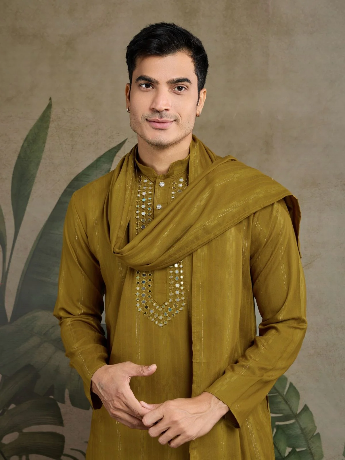Odette Mustard Viscose Rayon Embellished Stitched Kurta For Men - Image 6