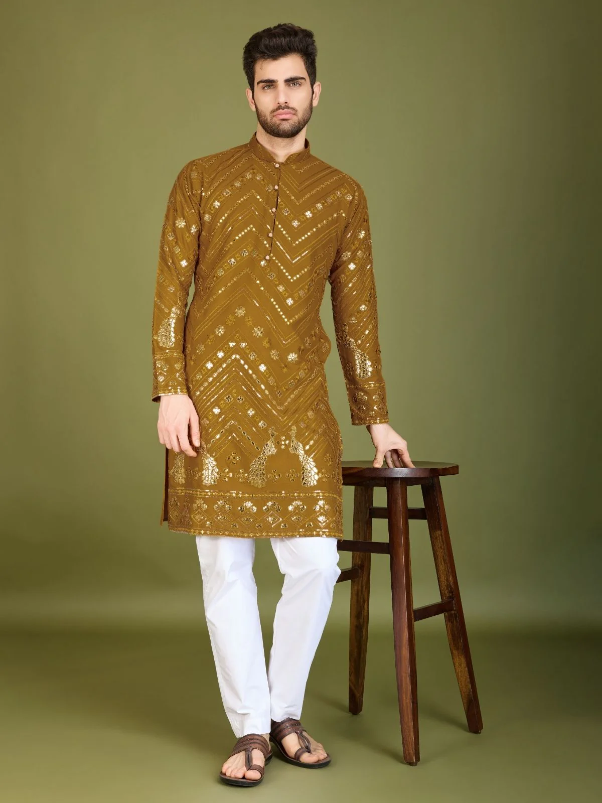 Odette Mustard Viscose Rayon Embroidered Stitched Kurta For Men - Image 2
