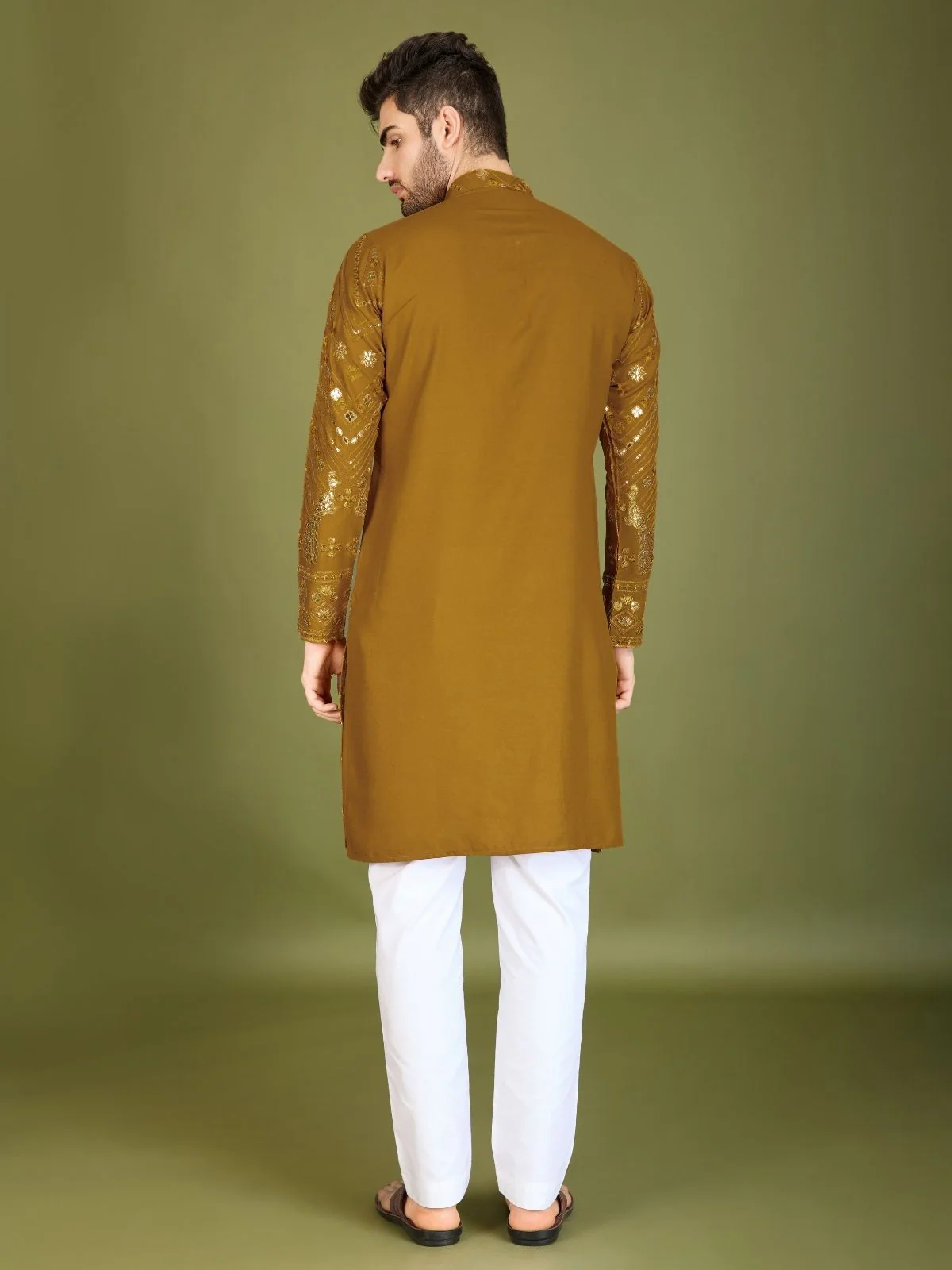 Odette Mustard Viscose Rayon Embroidered Stitched Kurta For Men - Image 5