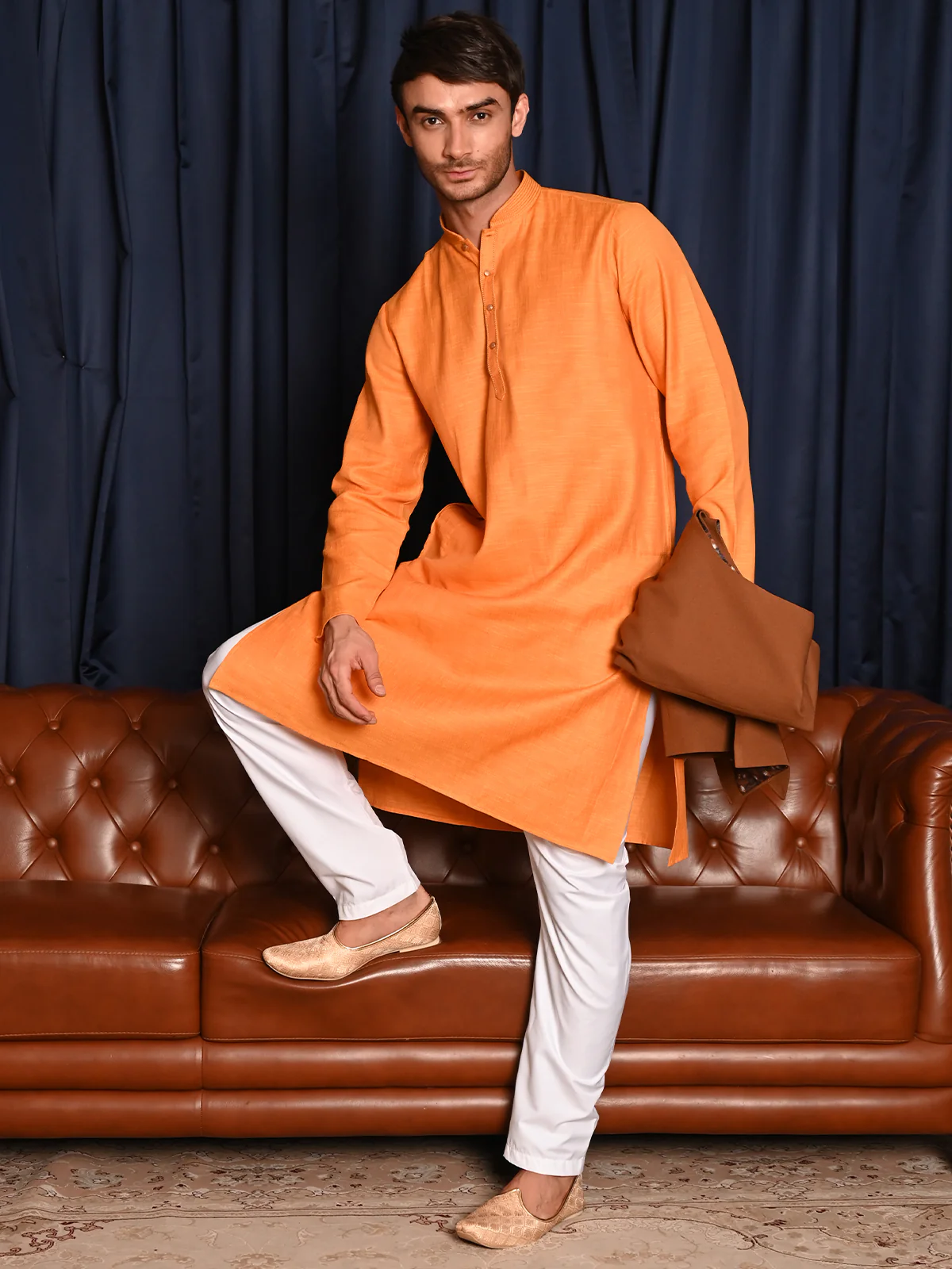 Odette Mustard Solid Cotton Polyester Kurta Set For Men - Image 3