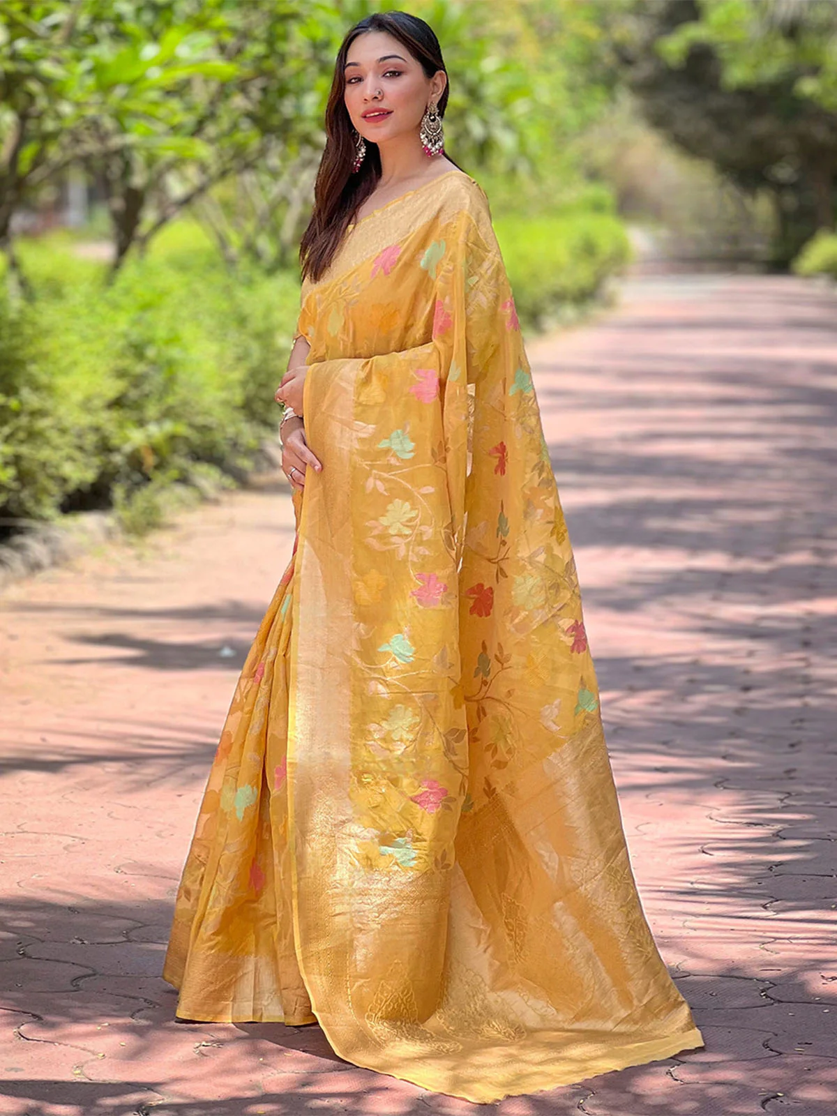Odette Mustard  Woven Design Organza Saree With Unstitched Blouse For Women - Image 2