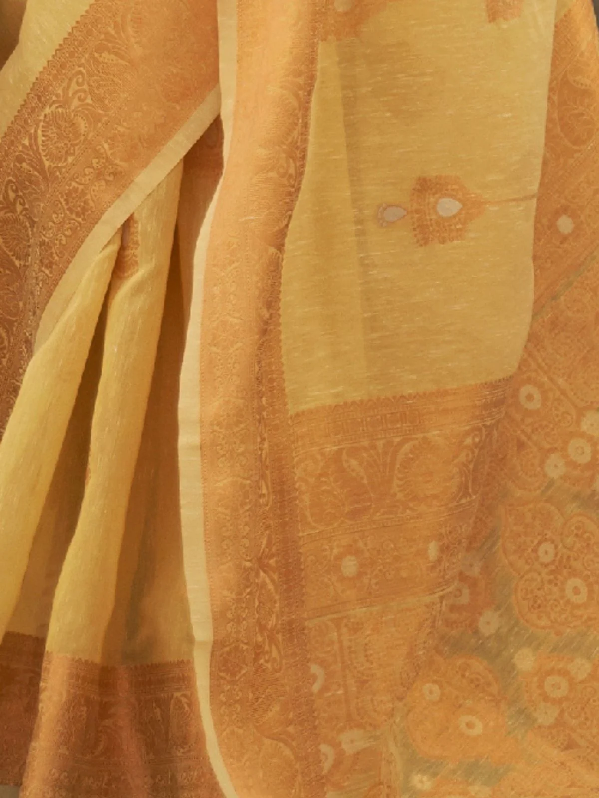 Odette Mustard Woven Design Linen Blend Saree With Unstitched Blouse For Women - Image 3