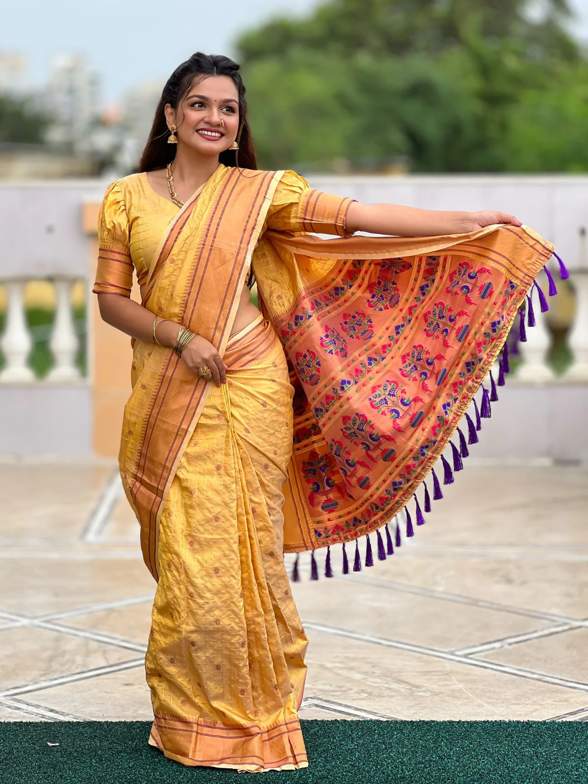 Odette Mustard Woven Design Silk Blend Saree With Unstitched Blouse For Women - Image 2