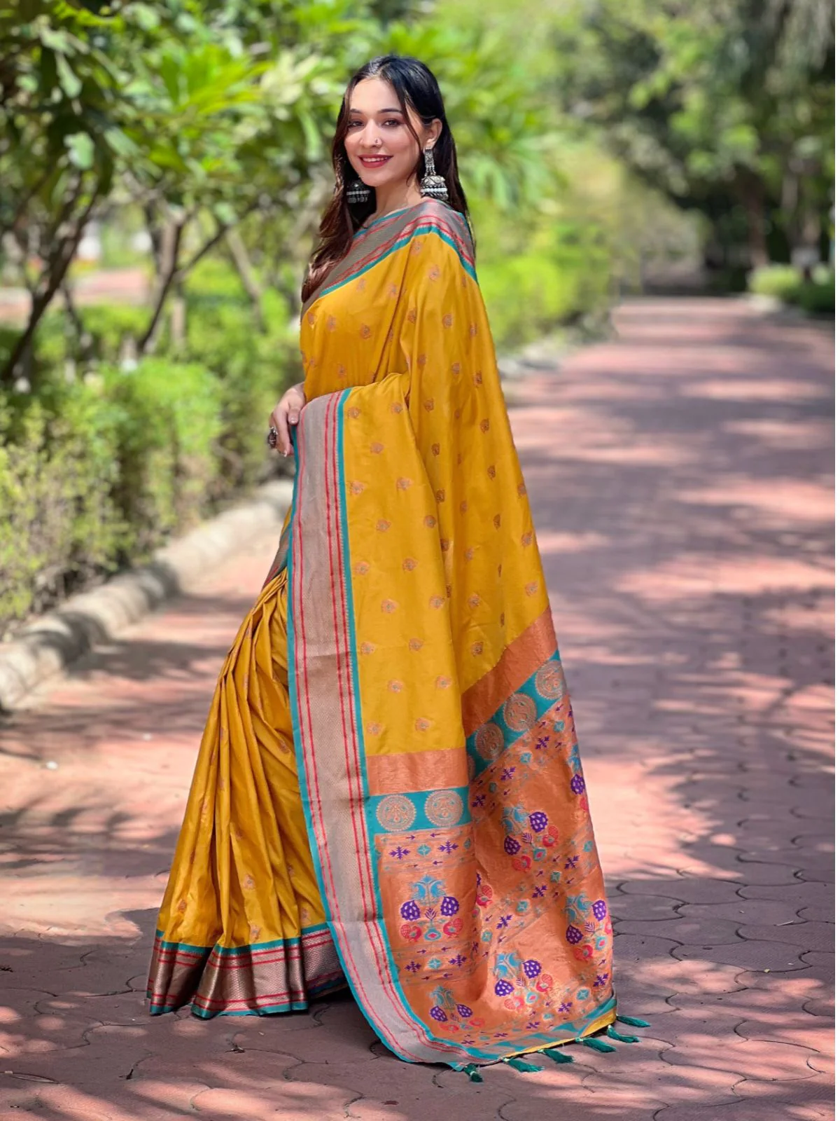 Odette Mustard Woven Design Silk Blend Saree With Unstitched Blouse For Women - Image 2