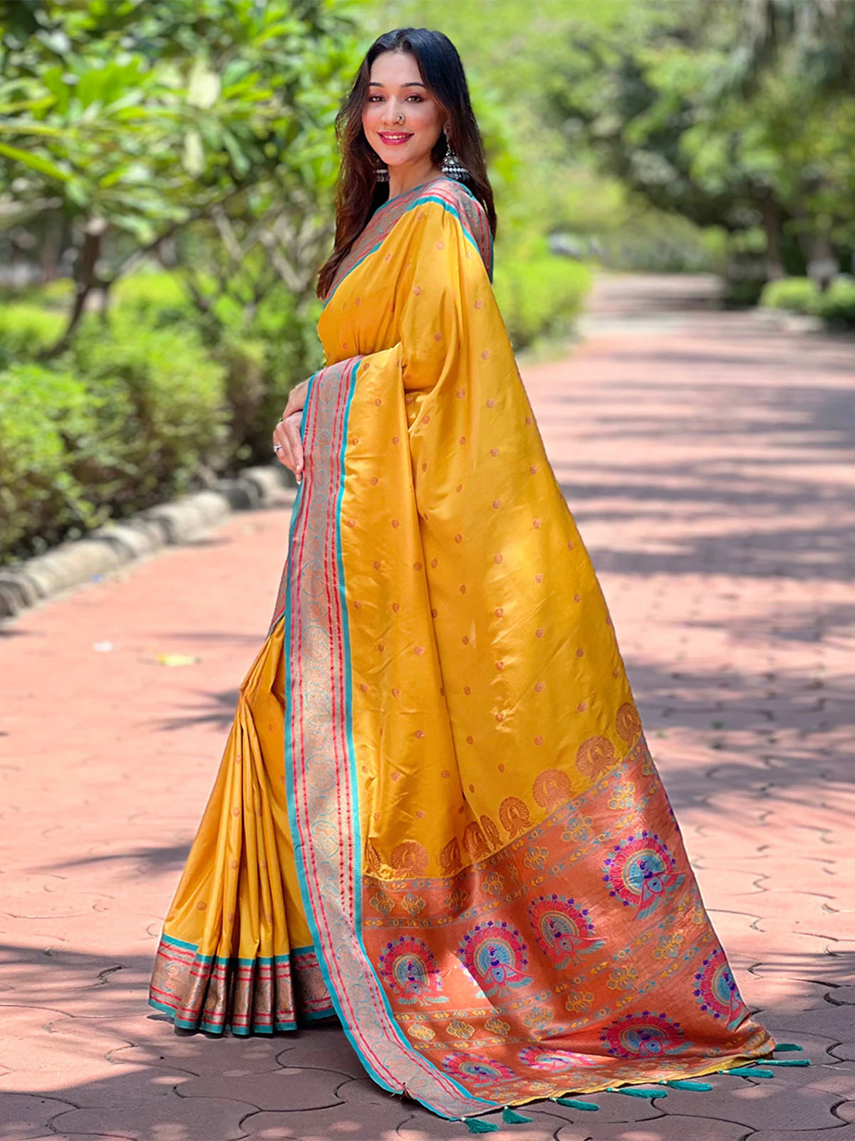 Odette Mustard Woven Design Silk Blend Saree With Unstitched Blouse For Women - Image 2