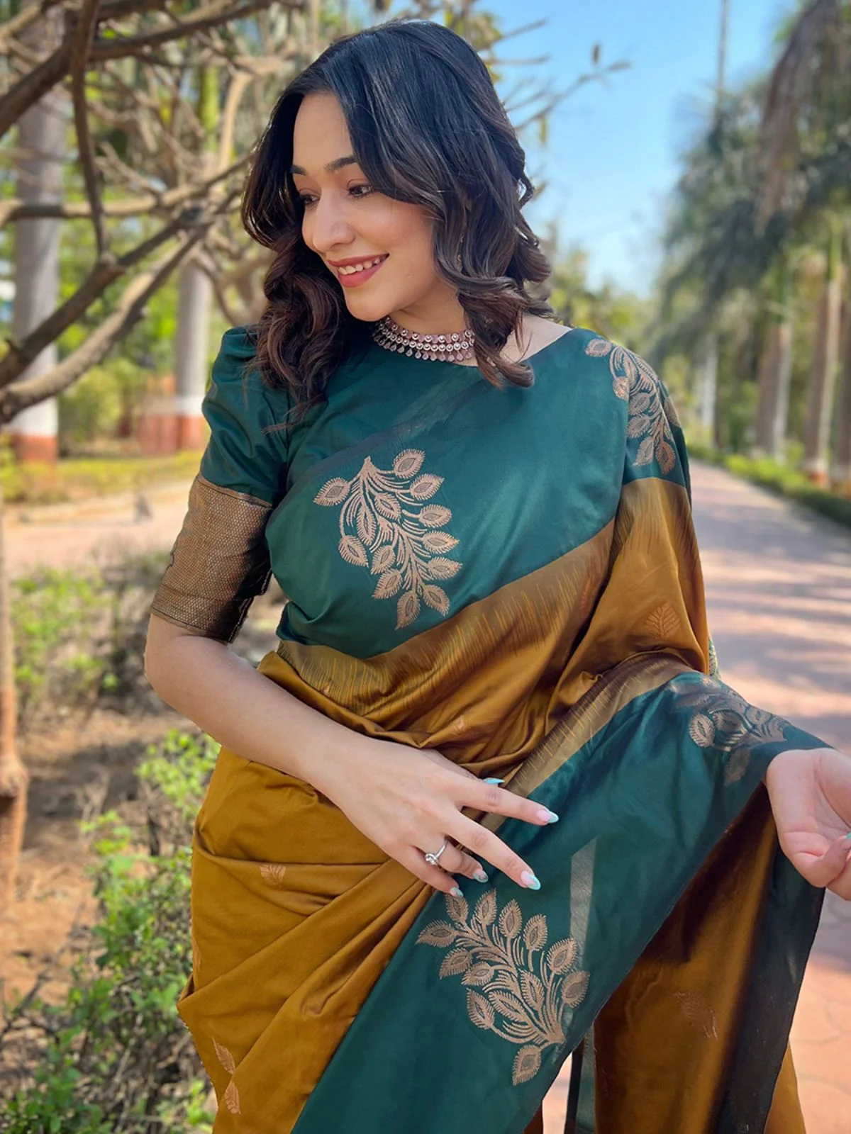 Odette Mustard Woven Design Soft Silk Saree With Unstitched Blouse For Women - Image 3